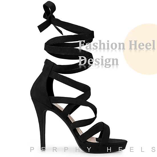 BLISSFUL STEP Women's Strappy Platform Lace Up Open Toe Stiletto Heels Sandals