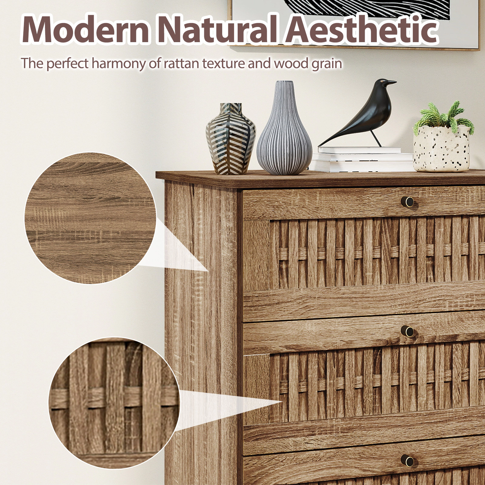 Glintex 4-Drawer Dresser with Rattan-Textured Fronts and Metal Legs, Caramel Oak + Black