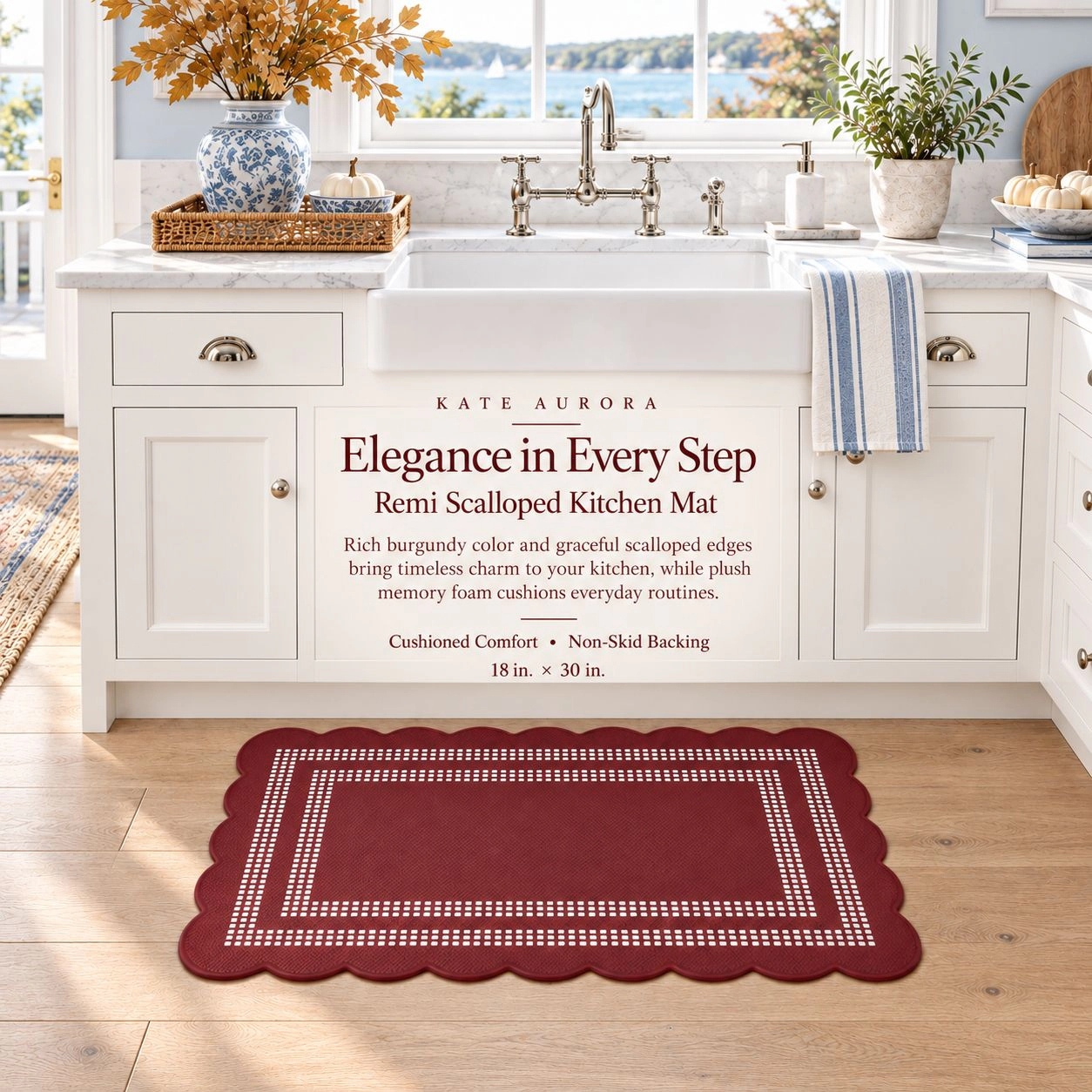 Kate Aurora Remi Scalloped Anti Fatigue Non-Skid Memory Foam Kitchen Floor Mat, 18x30, Red