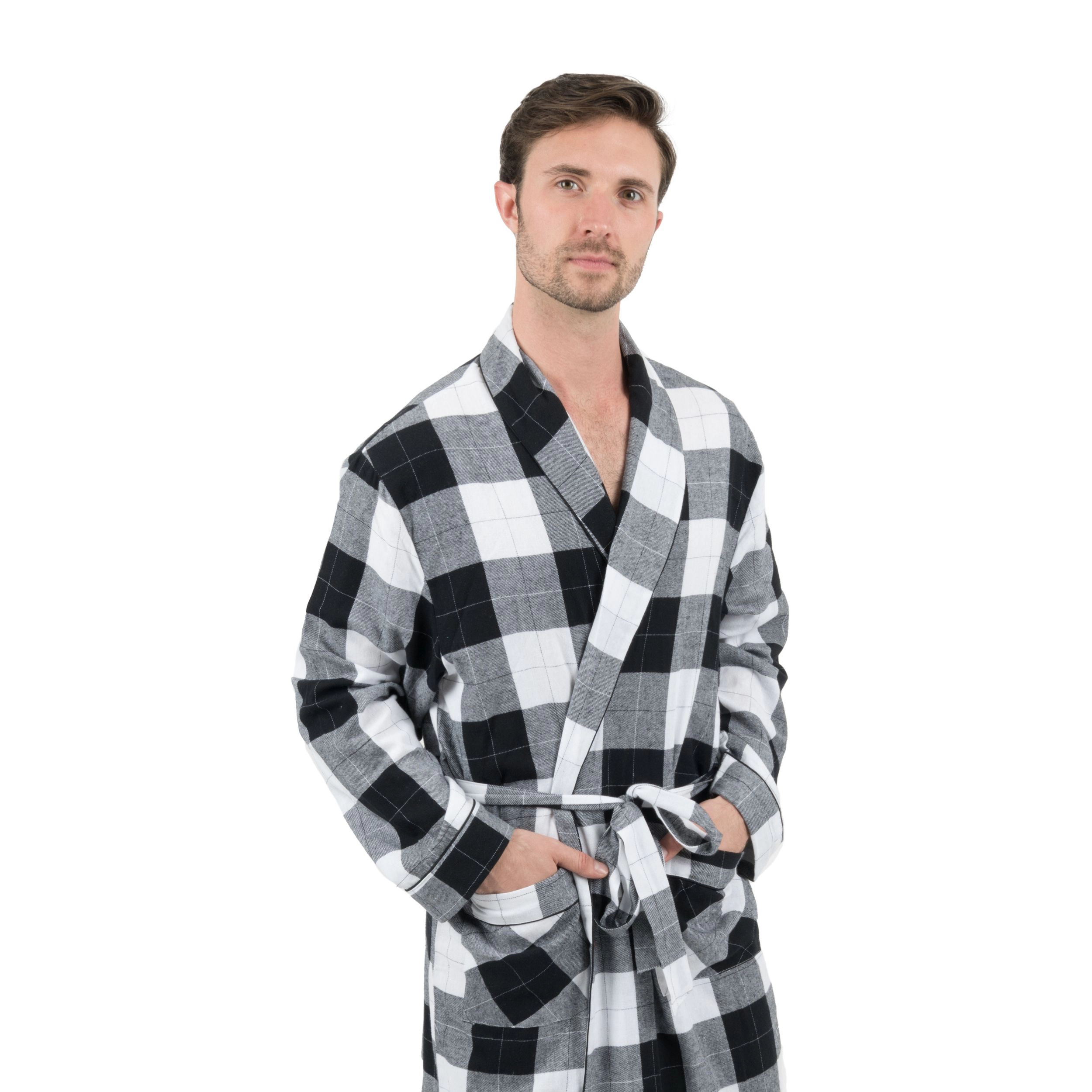 Leveret Mens Plaid Cotton Flannel Robe with Front Patch Pockets
