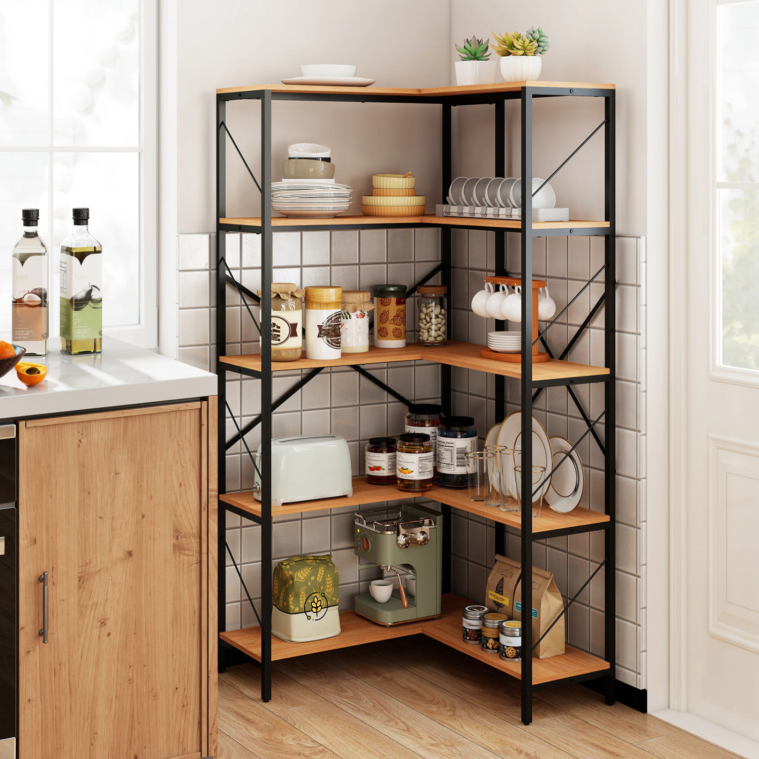 LJG 66" Tall 5-Tier L-Shaped Bookcase with Metal Frame for Living Room