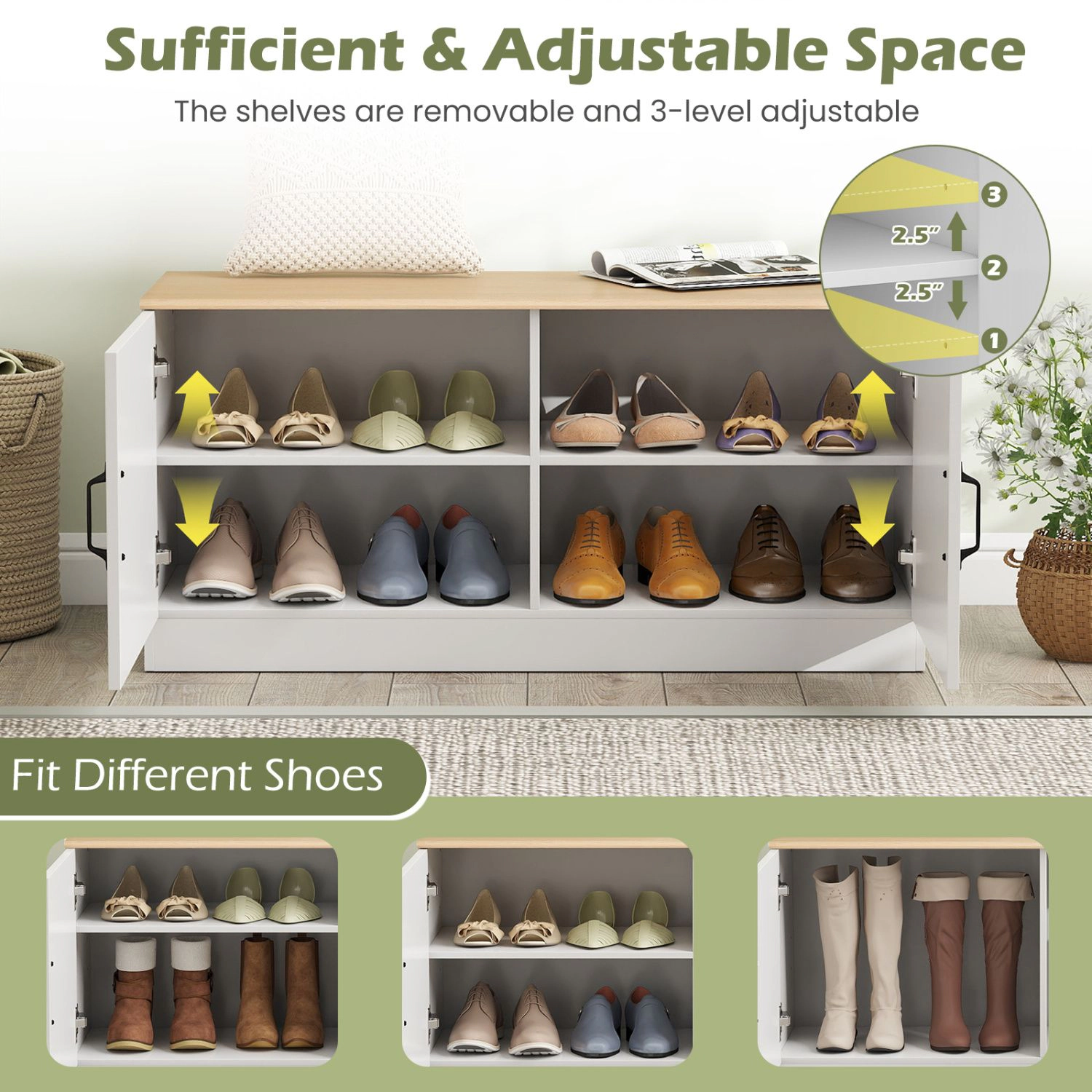 SlickBlue Entryway Shoe Storage Bench with 2 Doors and Shelves