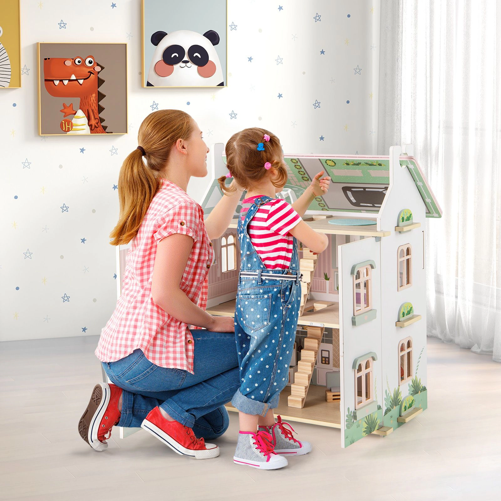 SlickBlue Kids Wooden Dream House with Realistic Rooms and Removable Roof Design