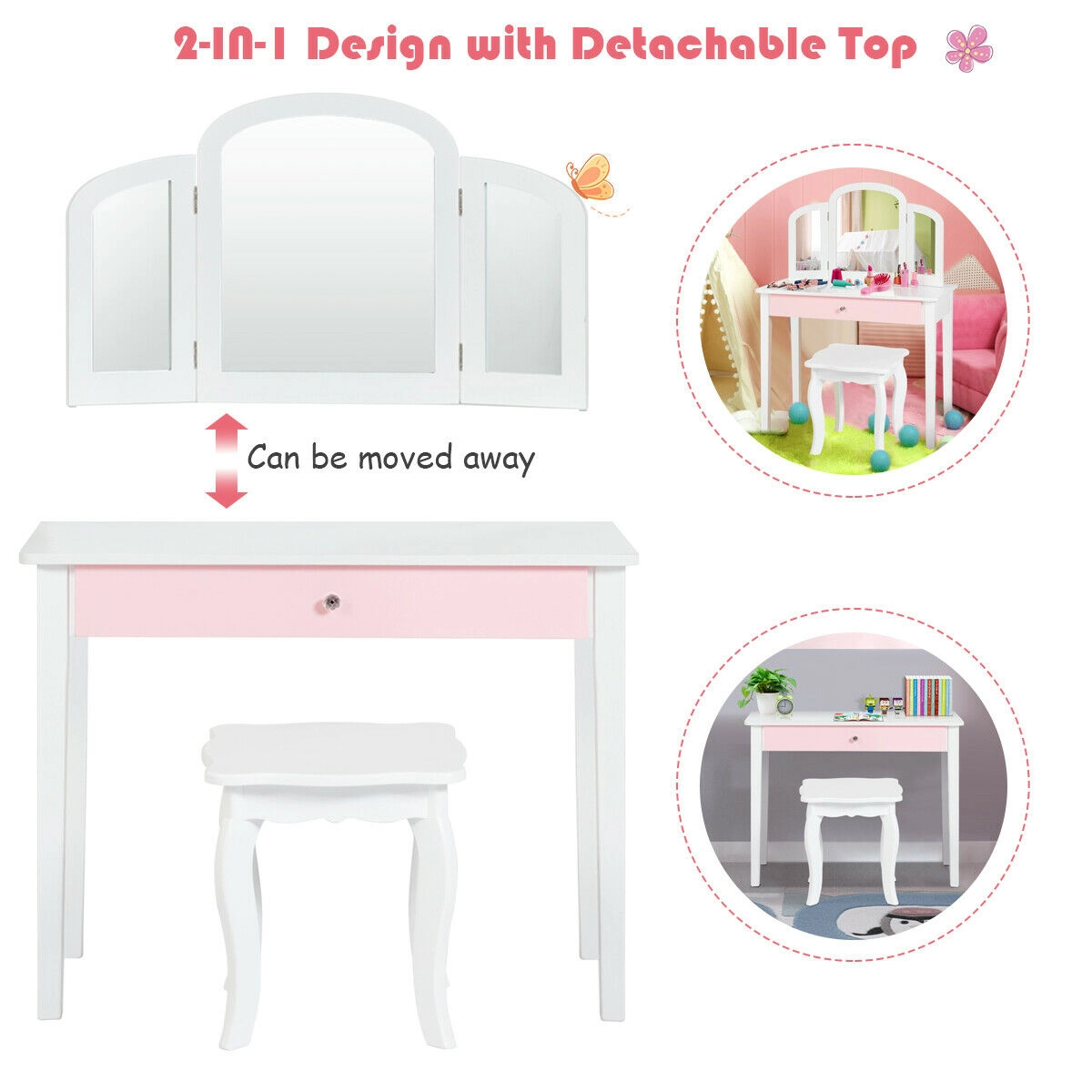 SUGIFT Kids Princess Vanity Set with Stool, Tri-Folding Detachable Mirror, Drawer and Pine Legs