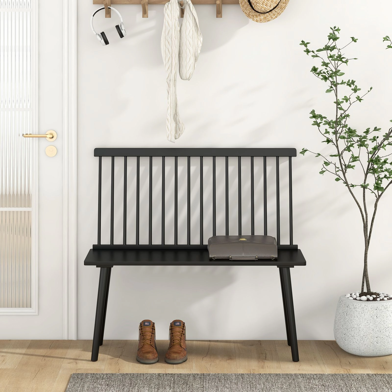 SlickBlue Wooden Entryway Bench, Spindle Back, Rubber Wood, 440 lbs