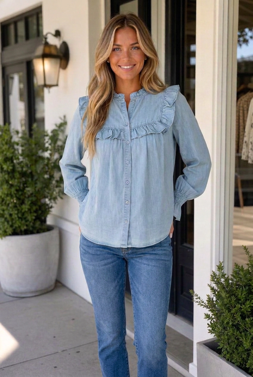Threaded Pear Women's Toni Sleeve Chambray Blouse Long Top