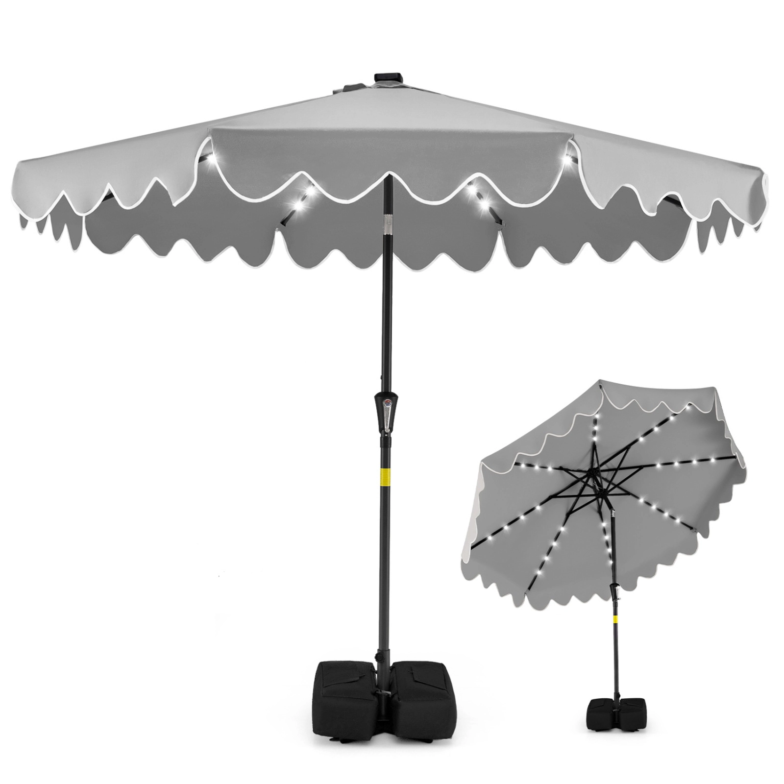 SUGIFT 9-ft Gray Solar LED Patio Umbrella with Crank Lift, Manual Tilt and 2 Sandbags