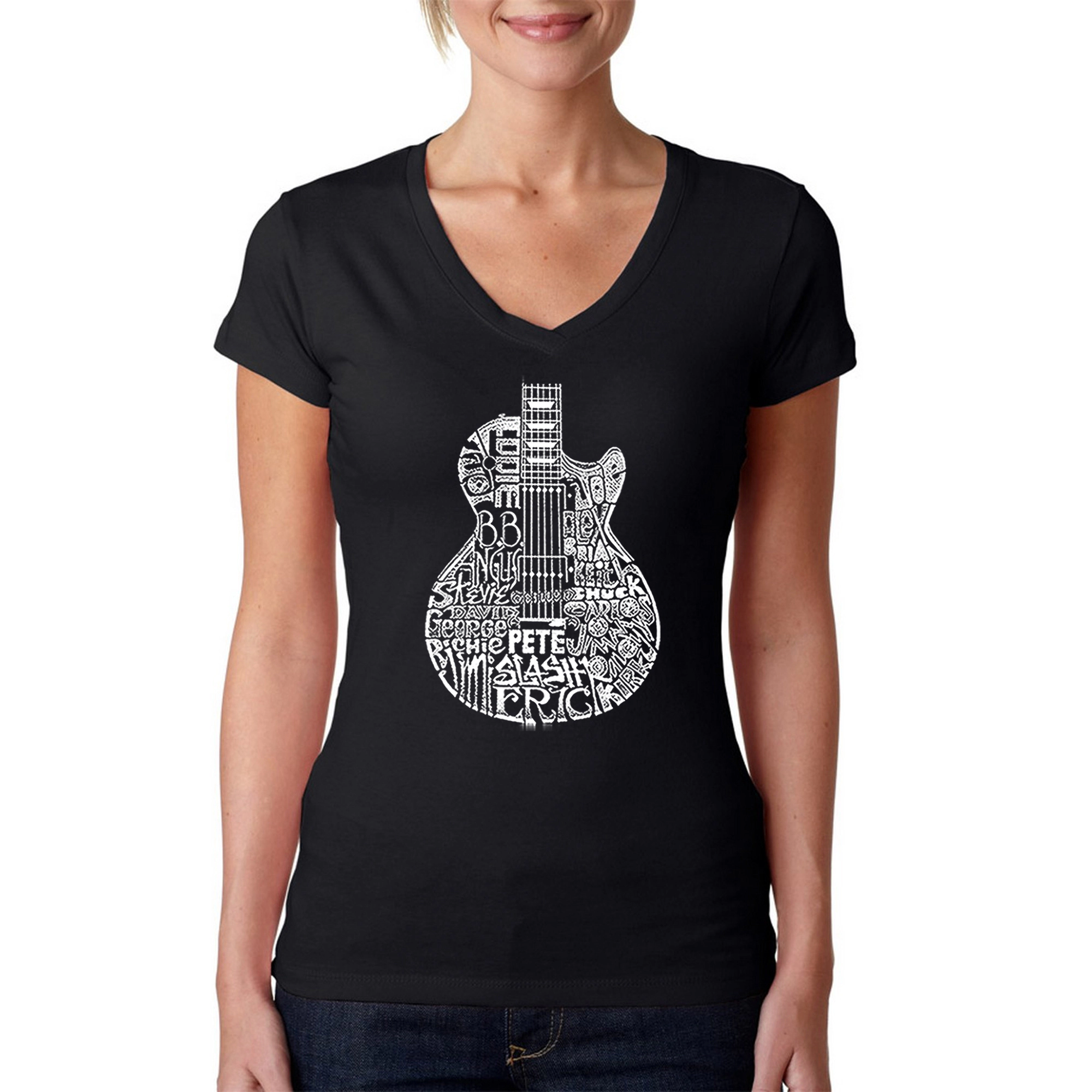 LA Pop Art Womens Word V-Neck T-Shirt - Rock Guitar Head