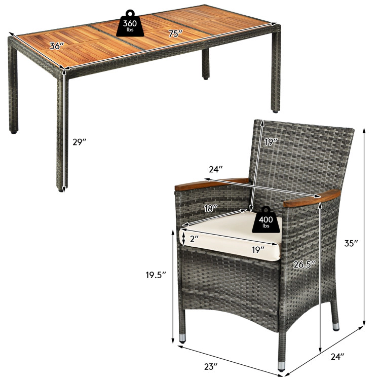 Hivvago 9 Pieces Rattan Patio Dining Set With Acacia Wood Table And Cushioned Chair