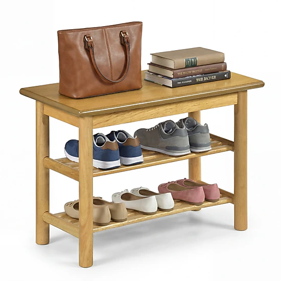 Glintex 24-Inch Rubberwood Shoe Bench with 485-Lb Seat and Slatted Shelves, Natural