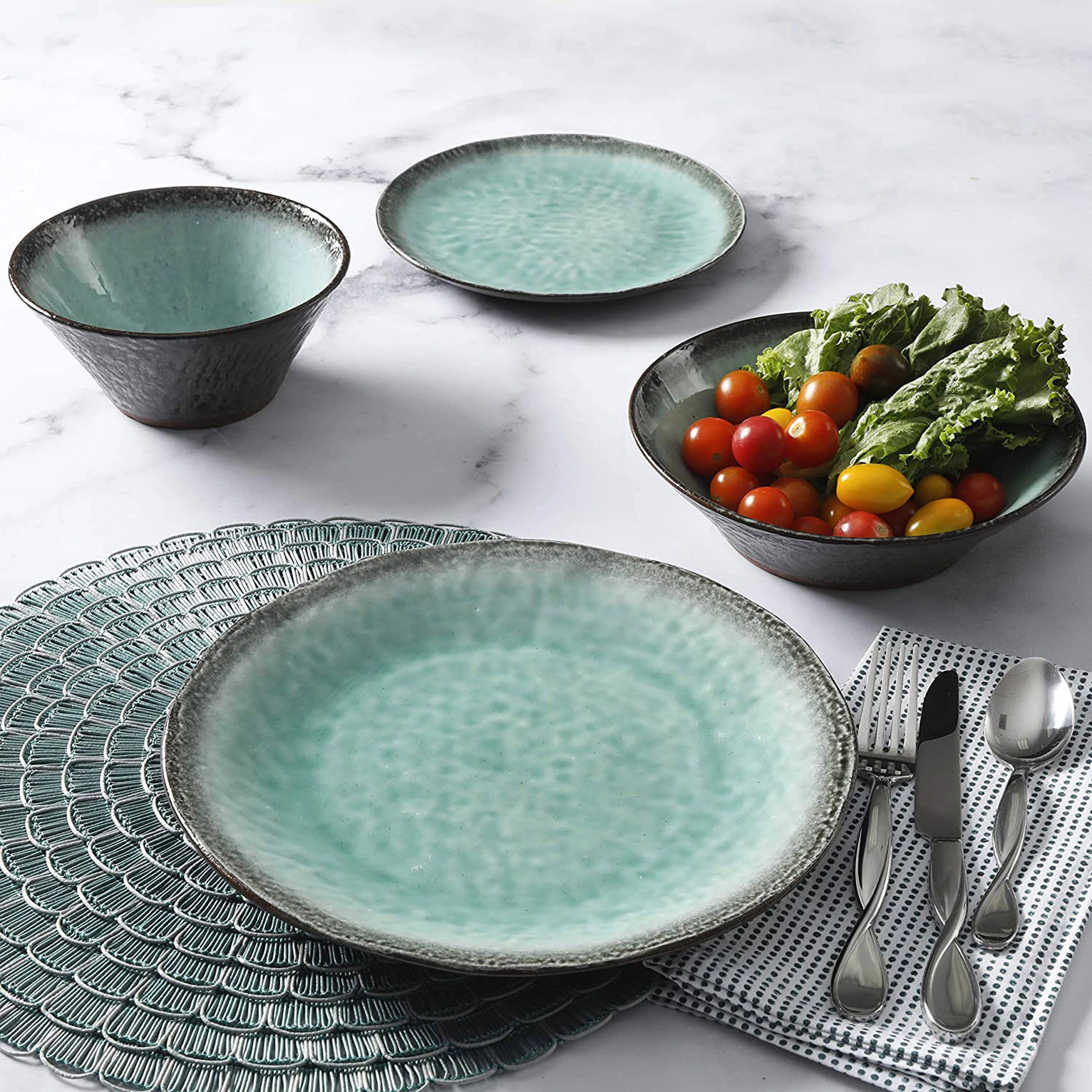 Gibson Elite Green Lantern 16 Piece Round Terracotta Double Bowl Dinnerware Set