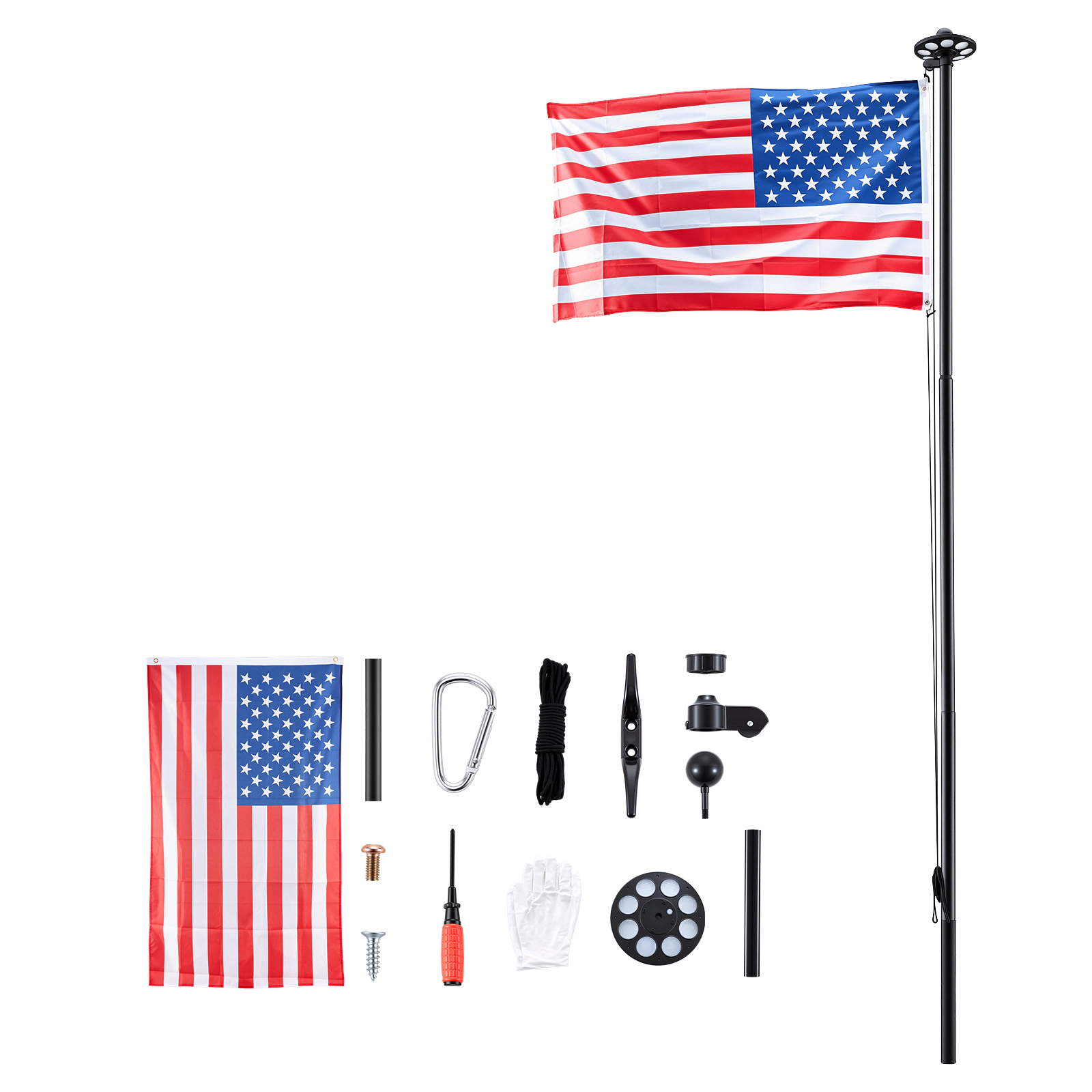 HONGGE 20 ft Sectional Flagpole Kit with Solar LED Light, Heavy Duty Aluminum In-Ground Pole, 3x5 Flag