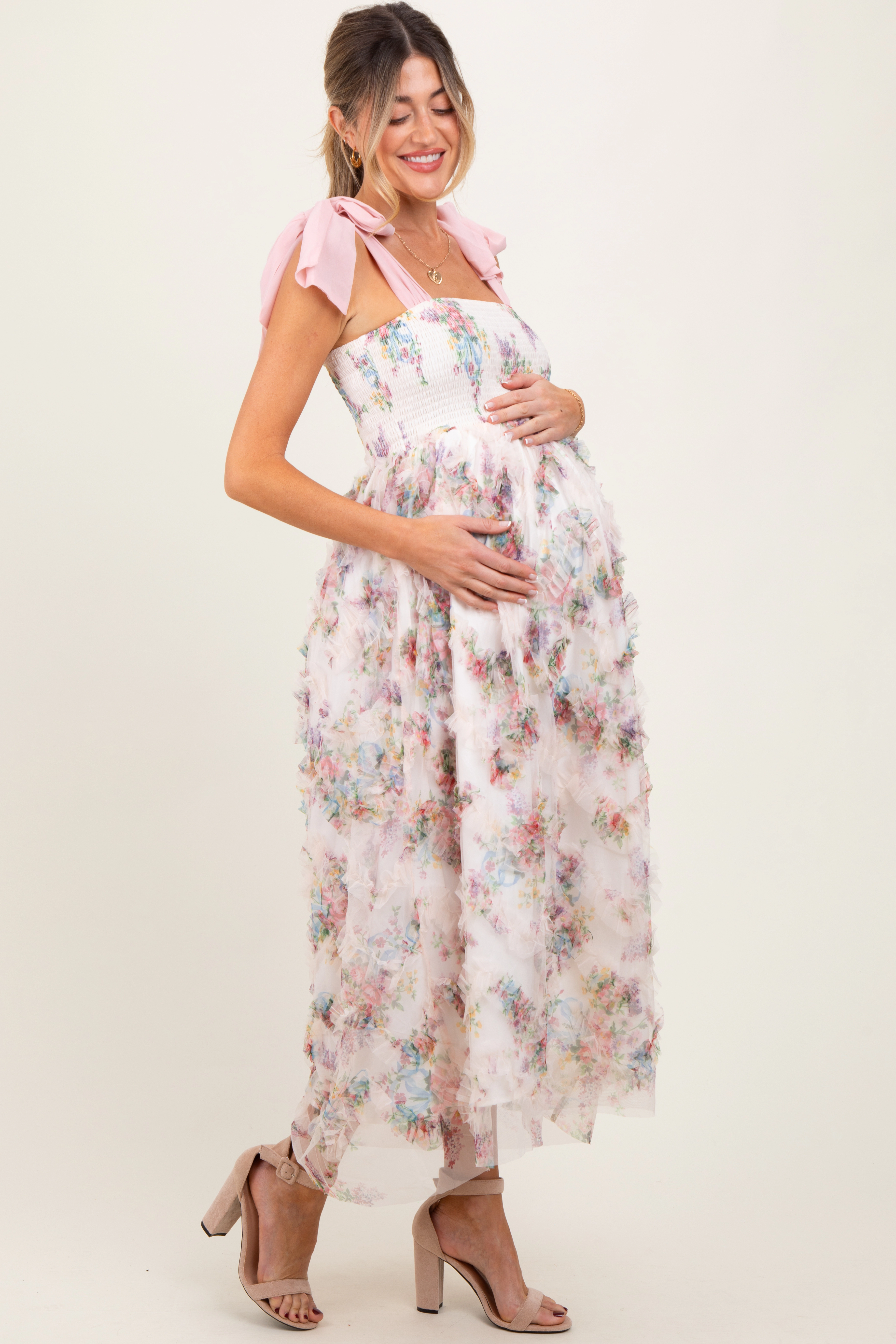 PinkBlush Womens Cream Floral Smocked Shoulder Tie Ruffled Maternity Midi Dress