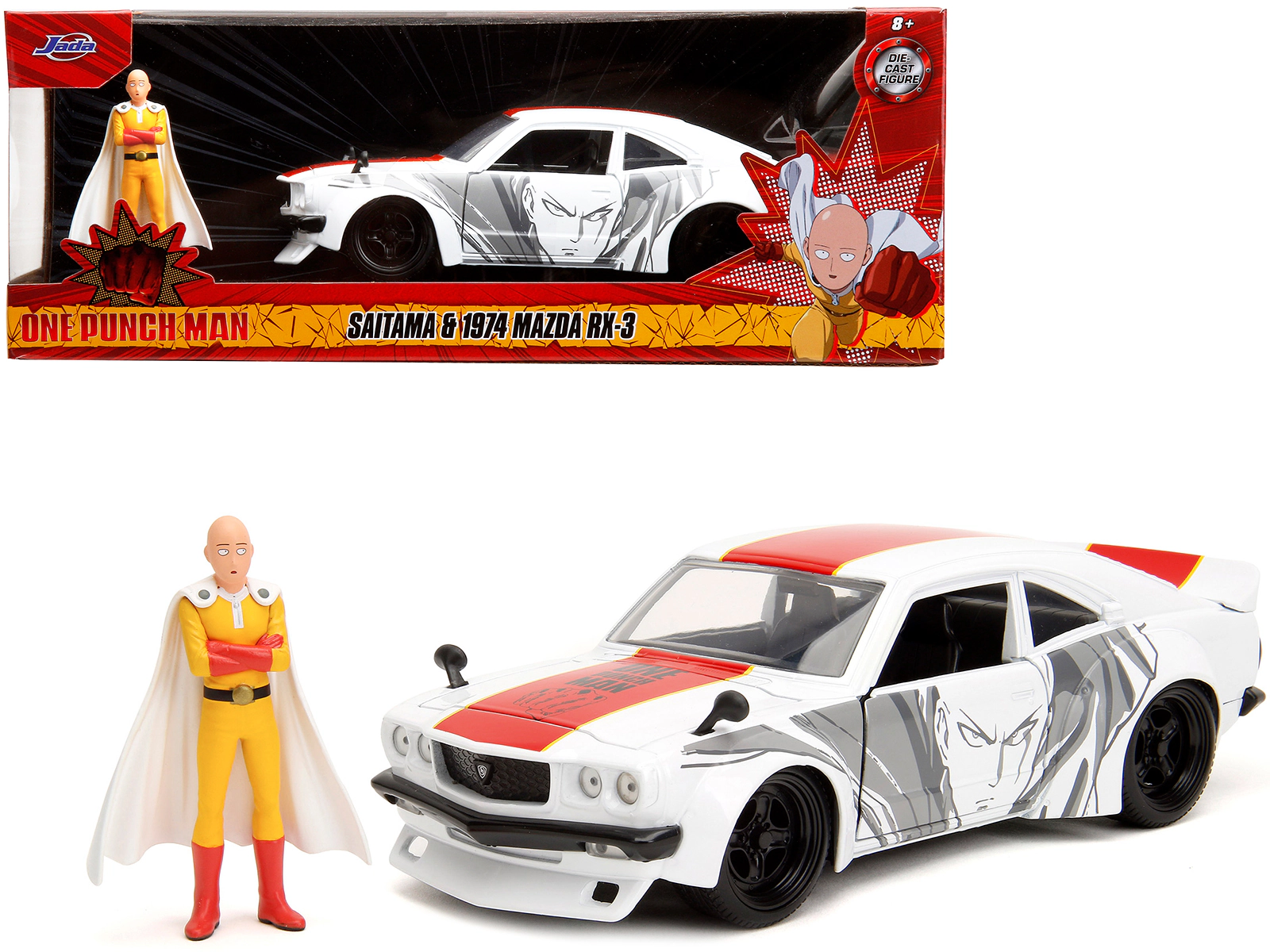 Jada 1974 Mazda RX-3 White with Red Stripe and Graphics and Saitama Diecast Figure "One Punch Man" (2015-2019)
