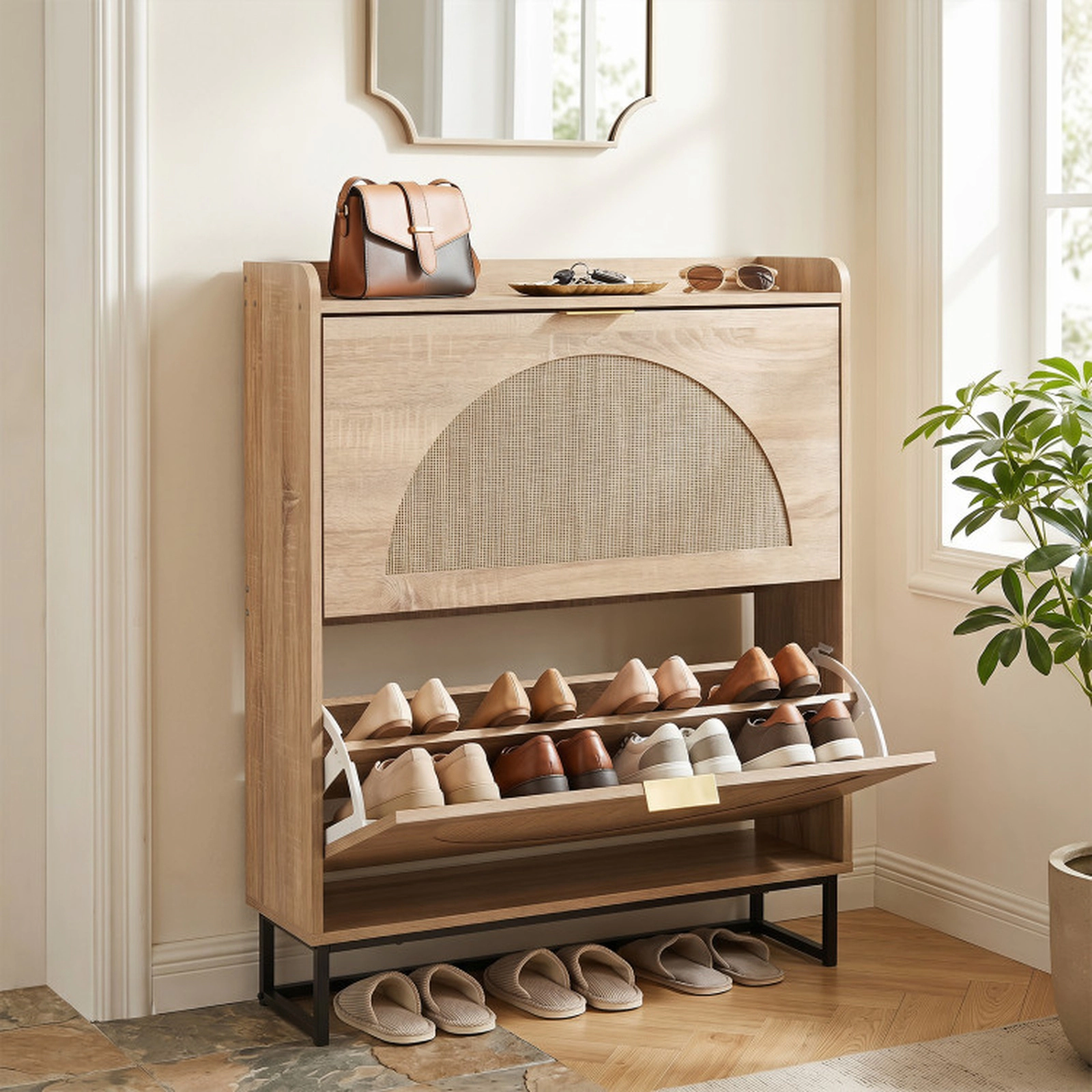 SUGIFT 90-in Tall Narrow Shoe Cabinet 9.5-in Deep with 2 Flip Drawers and Adjustable Slim Shelves