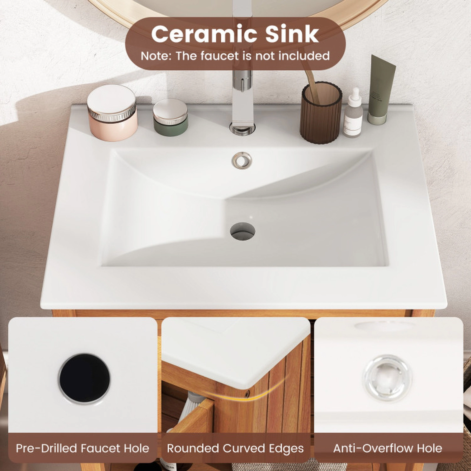 SUGIFT 2-Door Rattan Ceramic Sink Slatted Shelf Acacia Wood Bathroom Vanity 24-in x 18-in x 34-in 70-lb Capacity Natural
