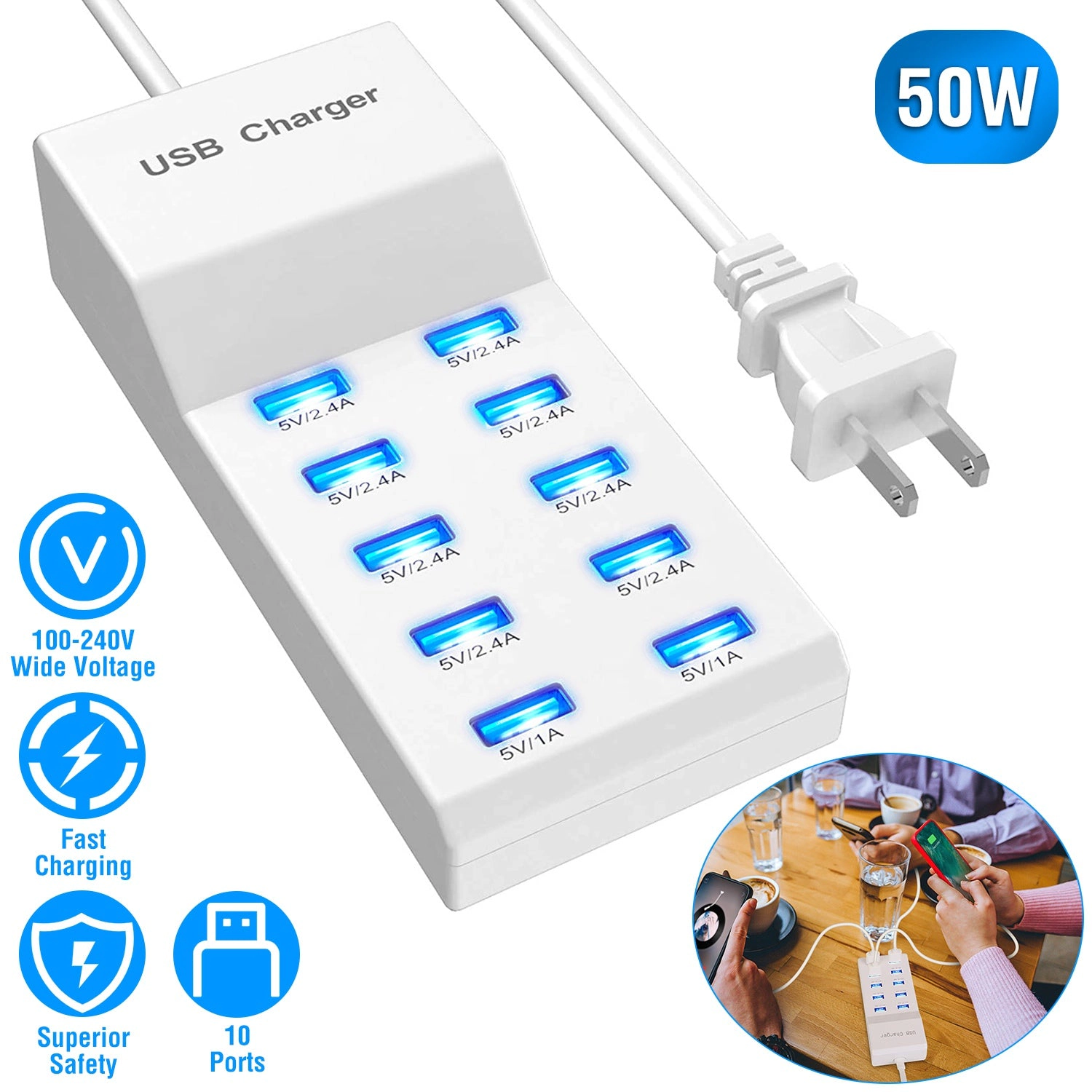 GBruno 10-Port 50W Fast Charging Station Hub