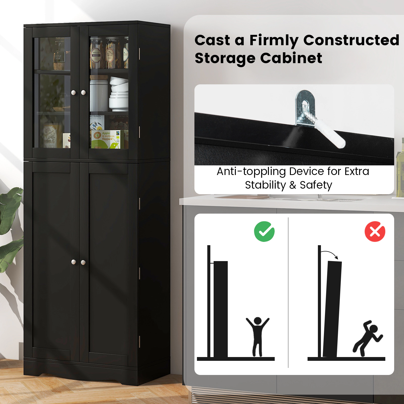 Glintex 63.5-Inch Pantry Cabinet with Tempered Glass Doors and 4 Door Racks, Black