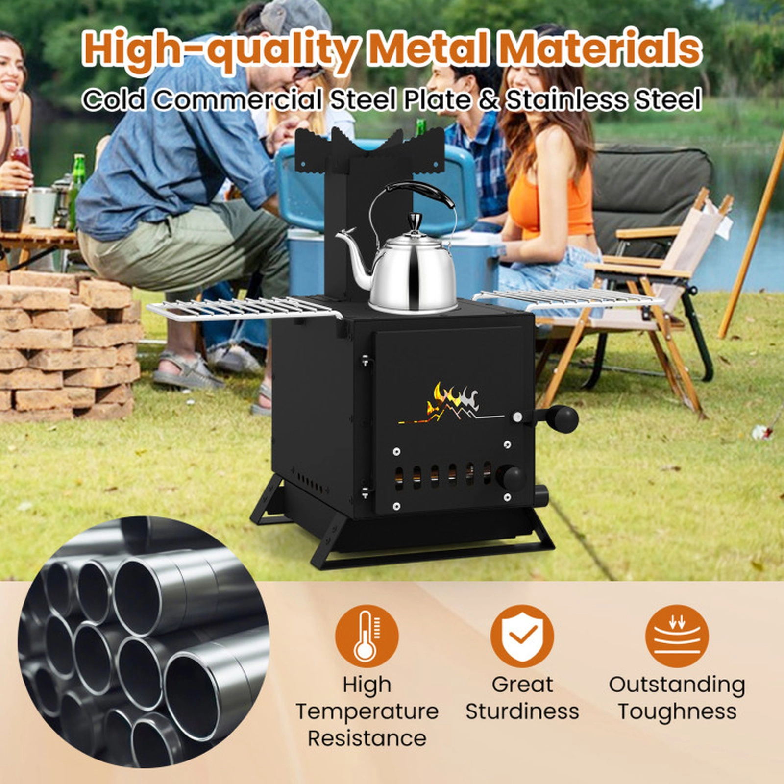 SUGIFT Portable Wood Burning Stove Mini Heater Burner with Pot Rack and Oven Pan 21.5-in Wide Black