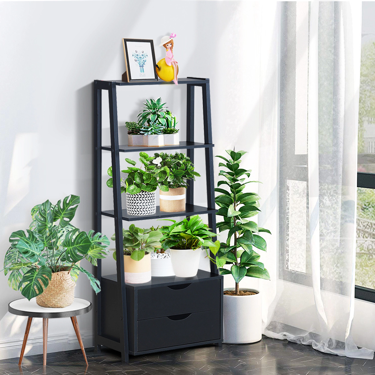 Costway 4-Tier Ladder Shelf Bookshelf Bookcase Storage Display Leaning With 2 Drawers
