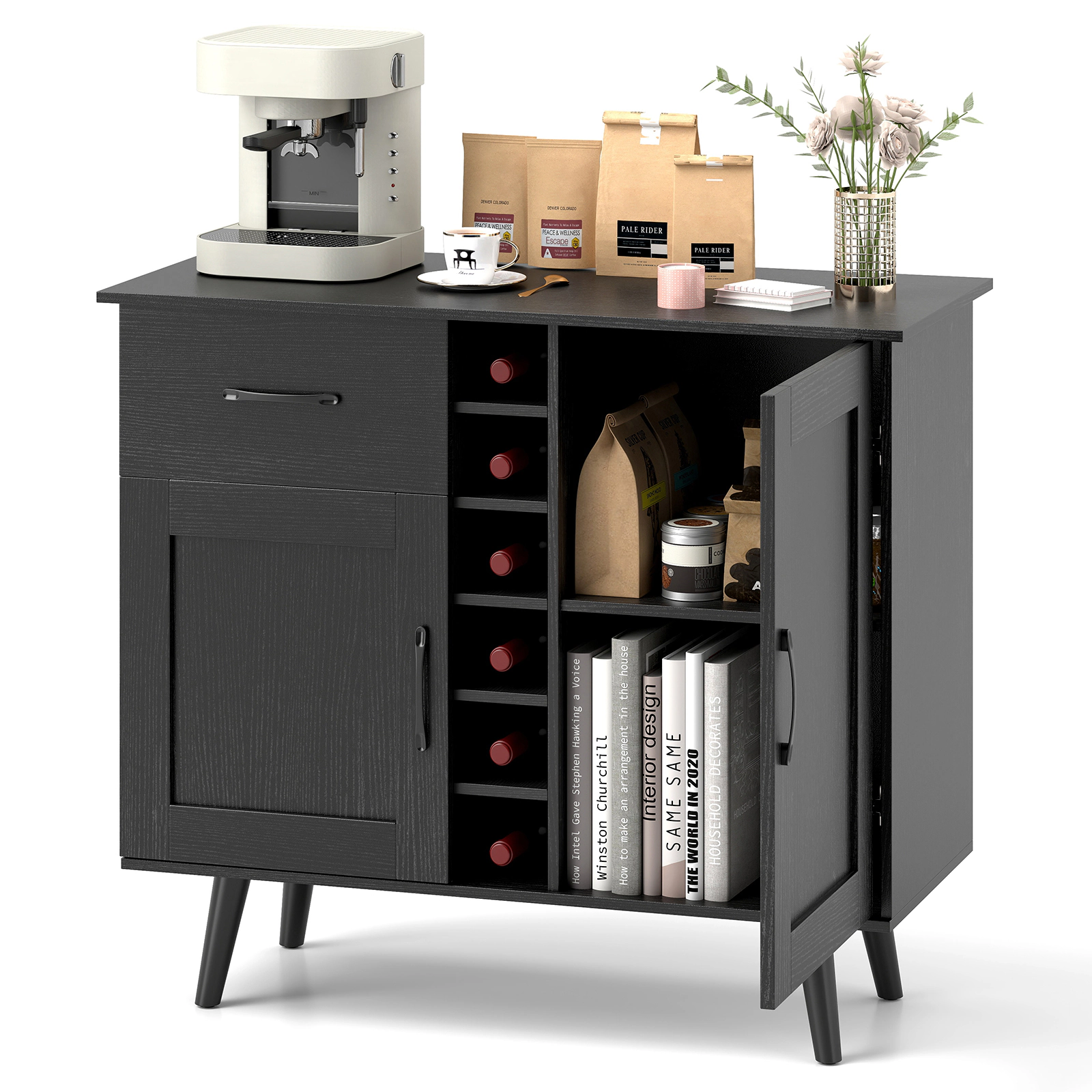 SUGIFT Modern Wine Bar Buffet Cabinet with 6-Bottle Wine Rack 125-lb Tabletop Capacity Black