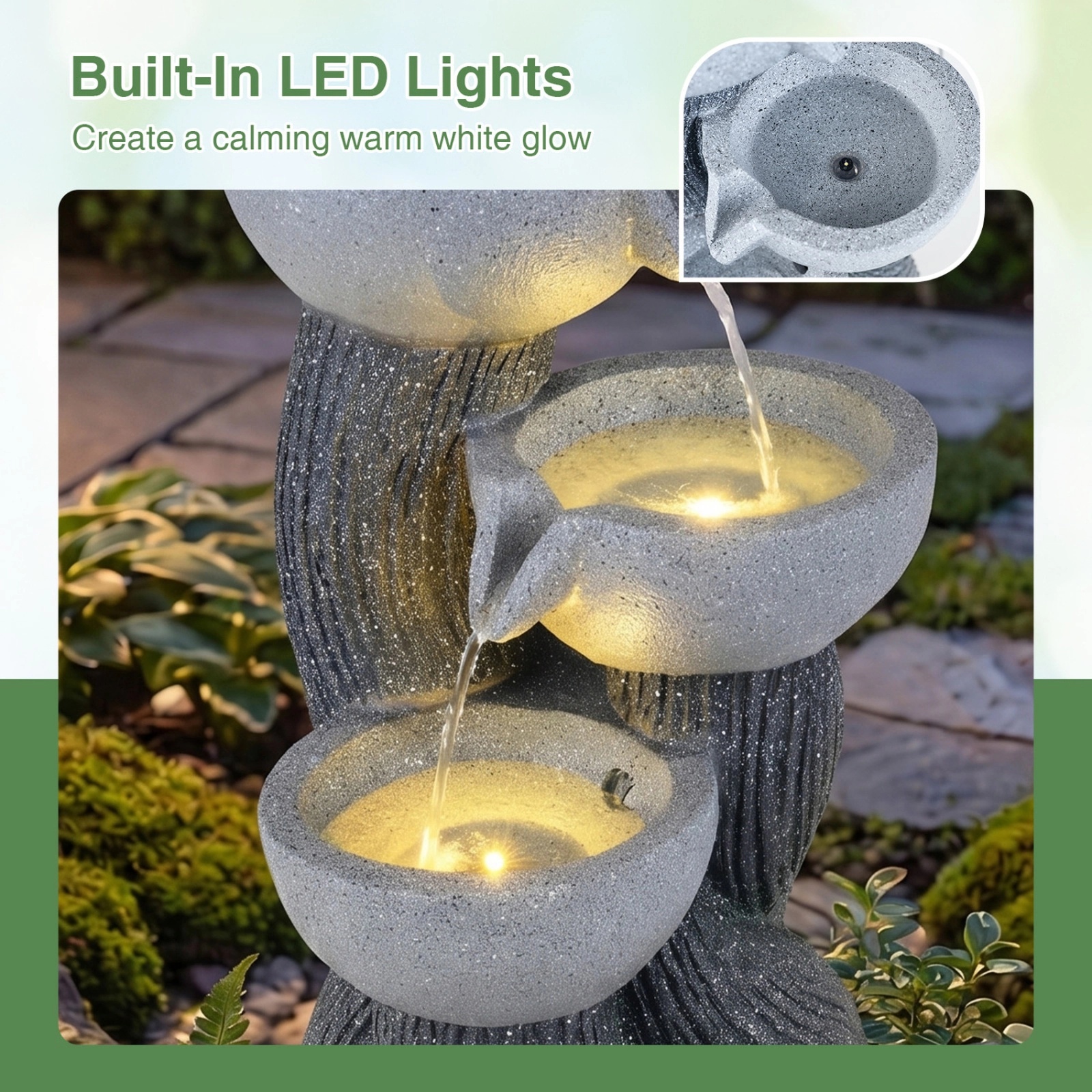 SUGIFT 3-Tier Outdoor Water Fountain Gray 18.5 Inch with LED Lights for Patio