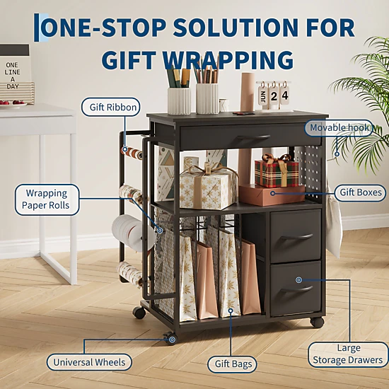 BebreezChic 3-Tier Rolling Gift Wrap Organizer Cart with 3 Drawers for ...
