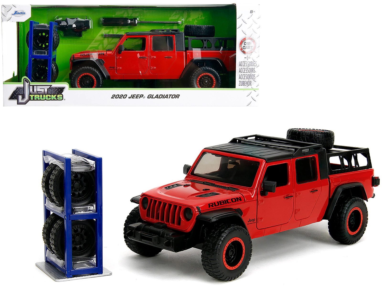 Jada 2020 Jeep Gladiator Rubicon Pickup Truck Red with Black Top and Extra Wheels "Just Trucks" Series 1/24