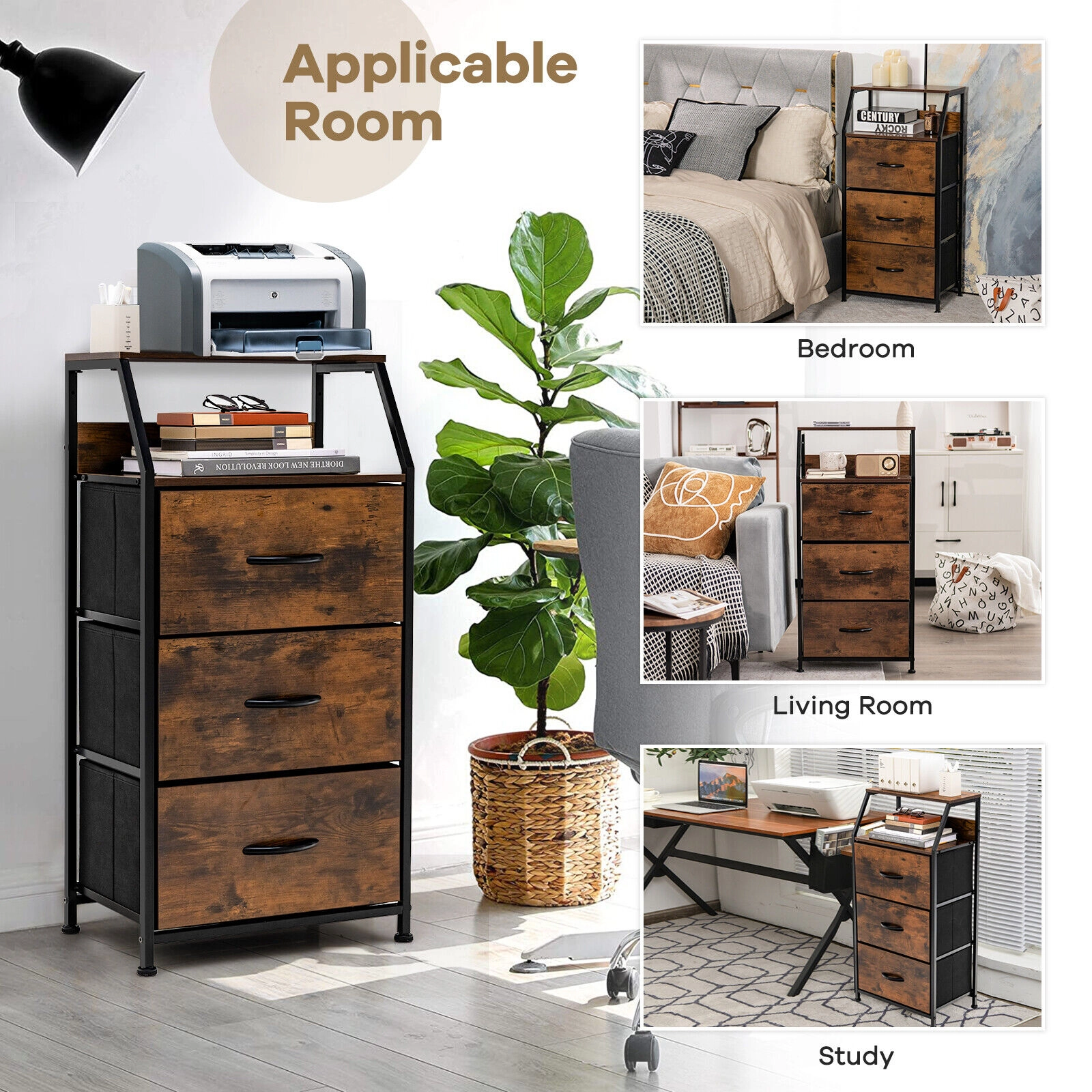 Glintex 36-Inch Narrow Dresser with Top Shelf and Folding Fabric Drawers, Rustic Brown
