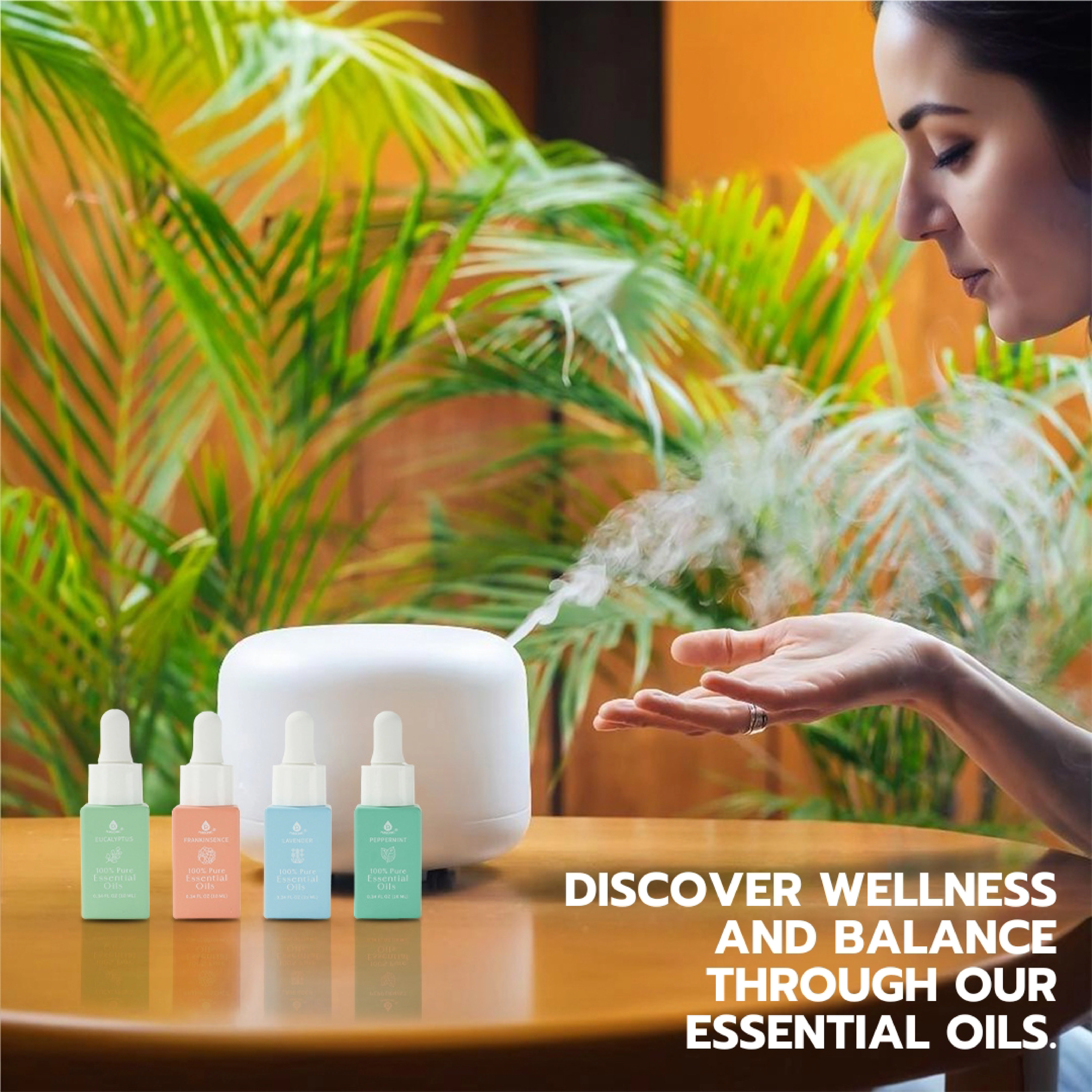 Pursonic 100% Pure Natural Essential Oils: Eucalyptus, Frankincense, Lavender & Peppermint