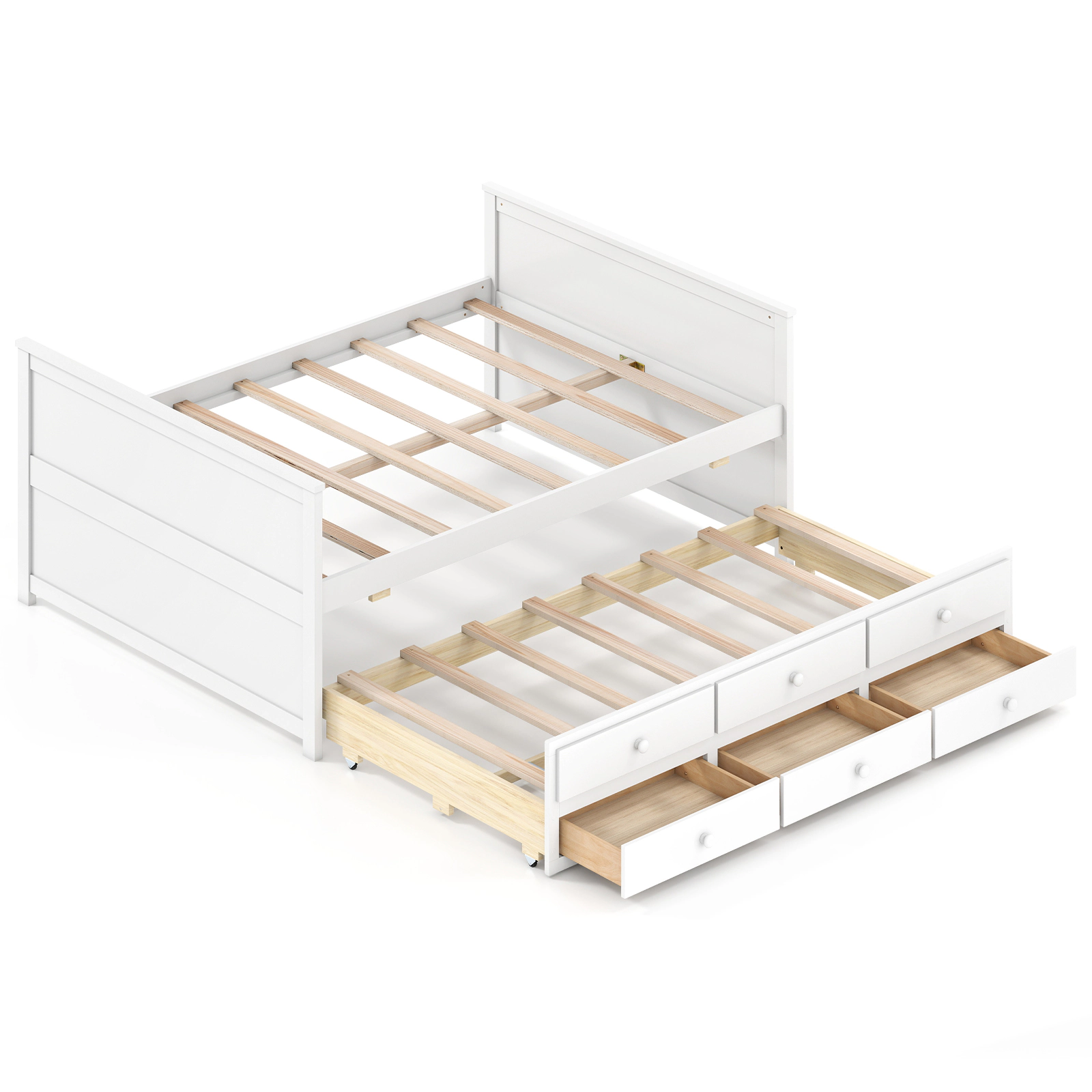 SUGIFT White Twin Trundle and 3 Storage Drawers Full Size Teens Bed Frame