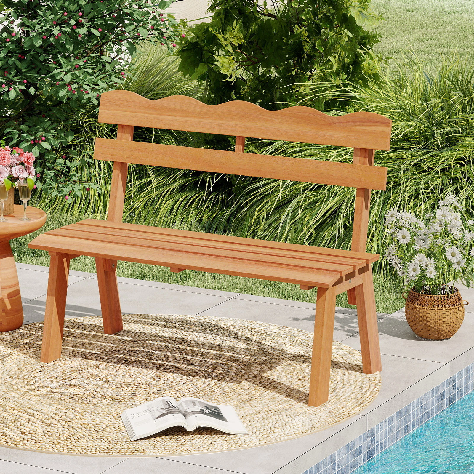 SUGIFT 42-In Acacia Wood Outdoor Bench, Waved Backrest, 800-Lb Capacity
