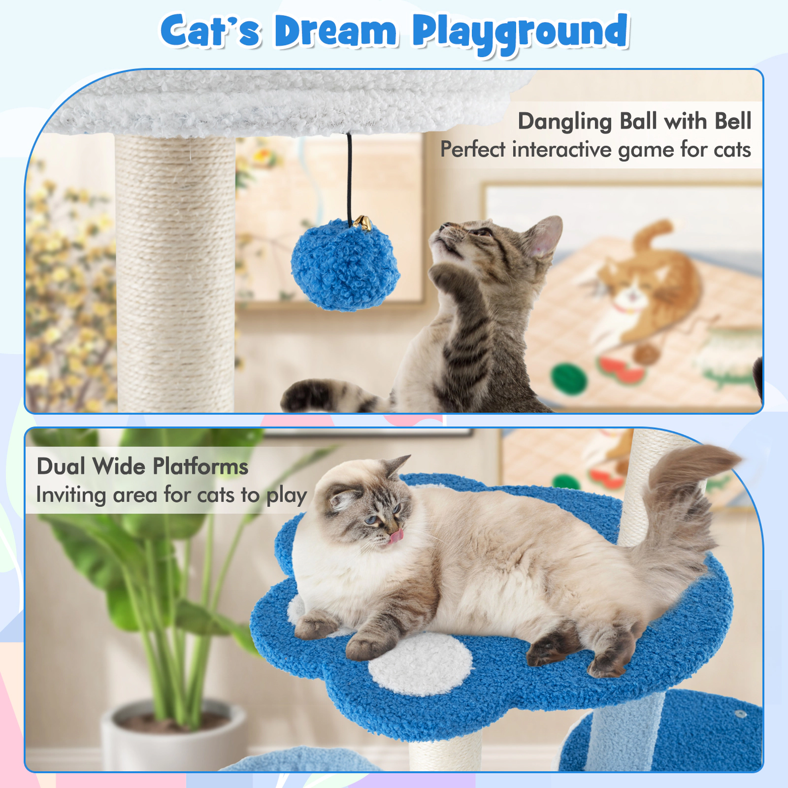 SUGIFT 54-in Tall Modern Cat Tree Tower with Condo, Hammock & Top Perch 22-lb Capacity White & Blue Teddy Plush Fabric