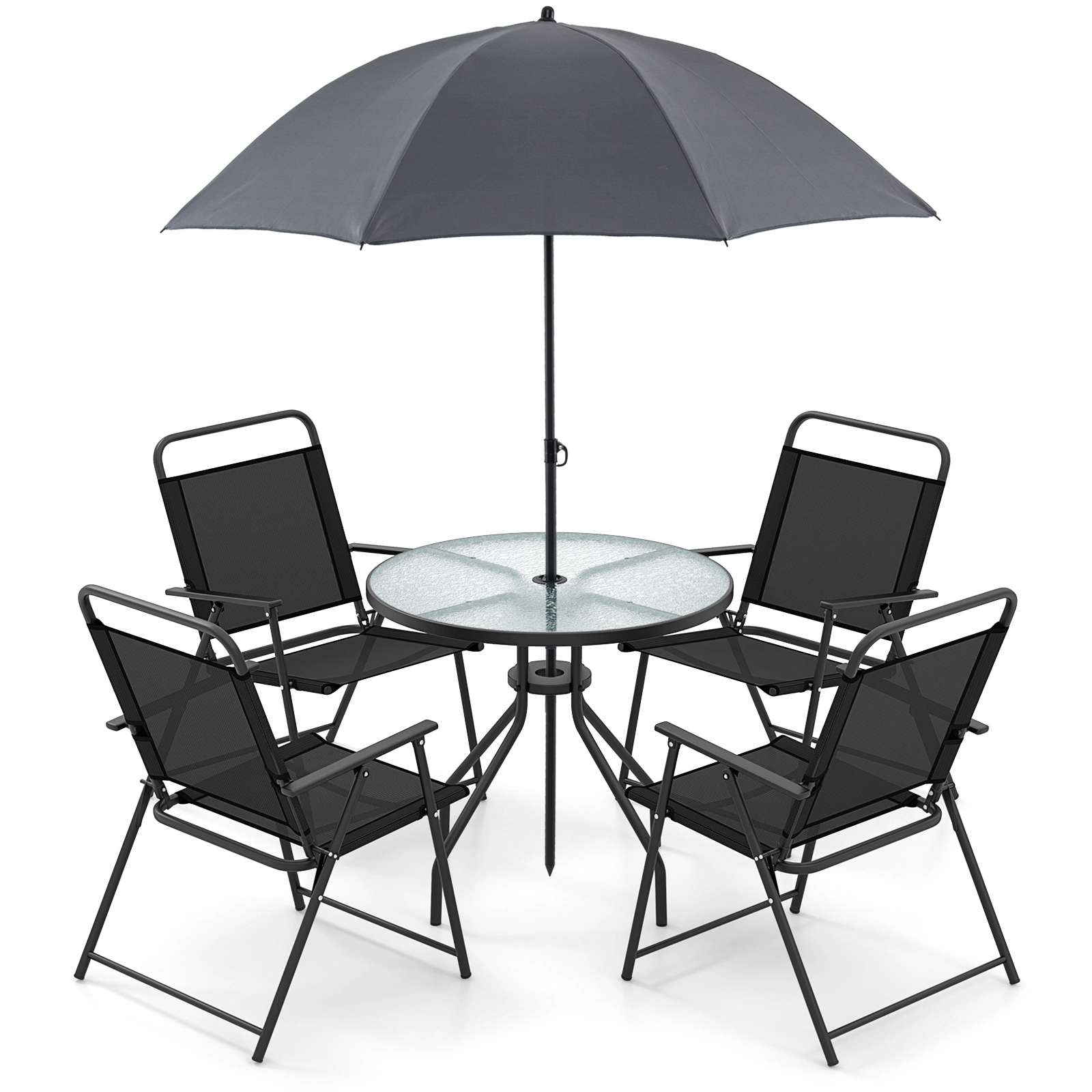 SUGIFT Gray Folding Chairs Tempered Glass Table and Tilt Umbrella 6-Piece Patio Dining Set