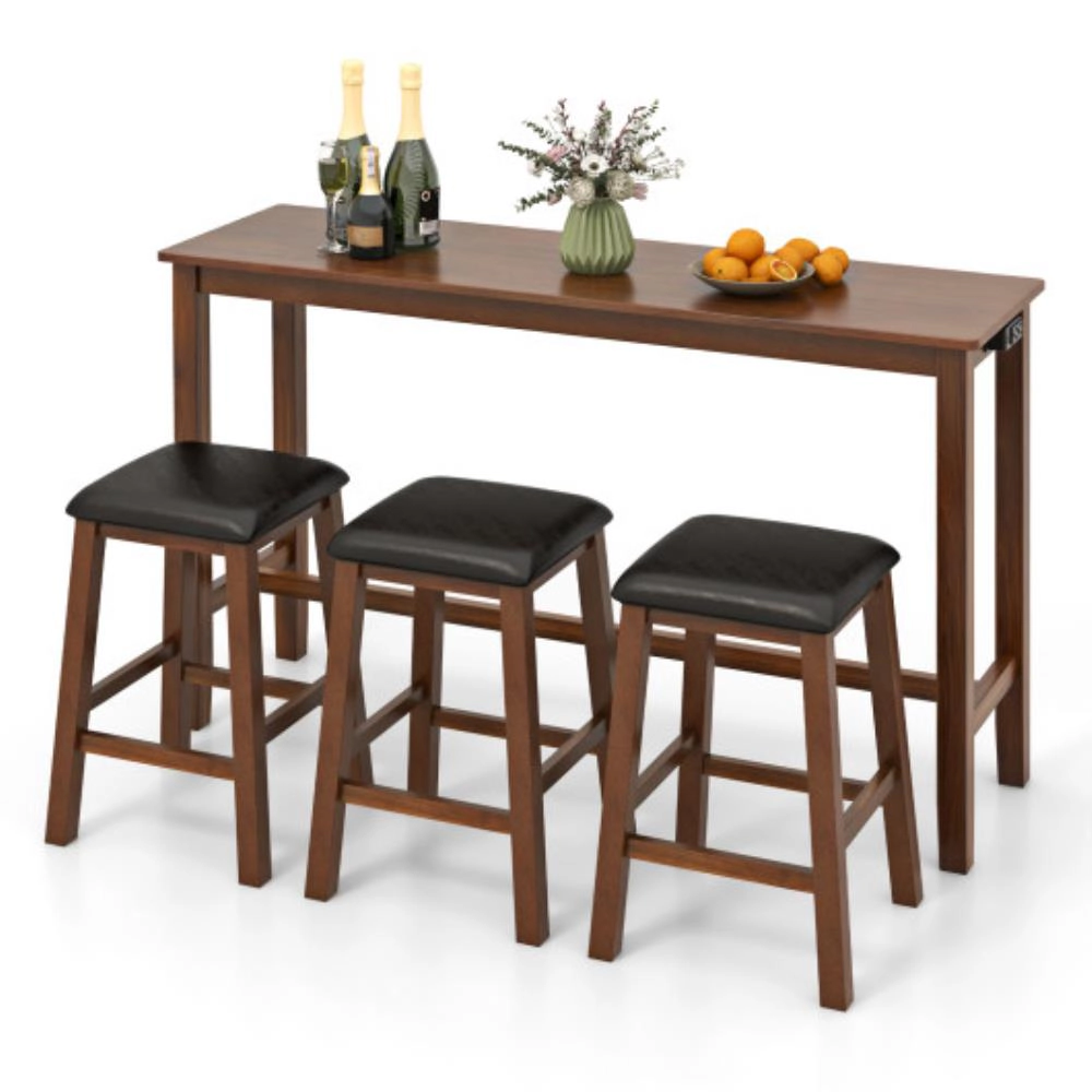 Hivvago 4-Piece Bar Table Set Counter-Height Table And 3 Pvc Leather Upholstered Bar Stools-Brown