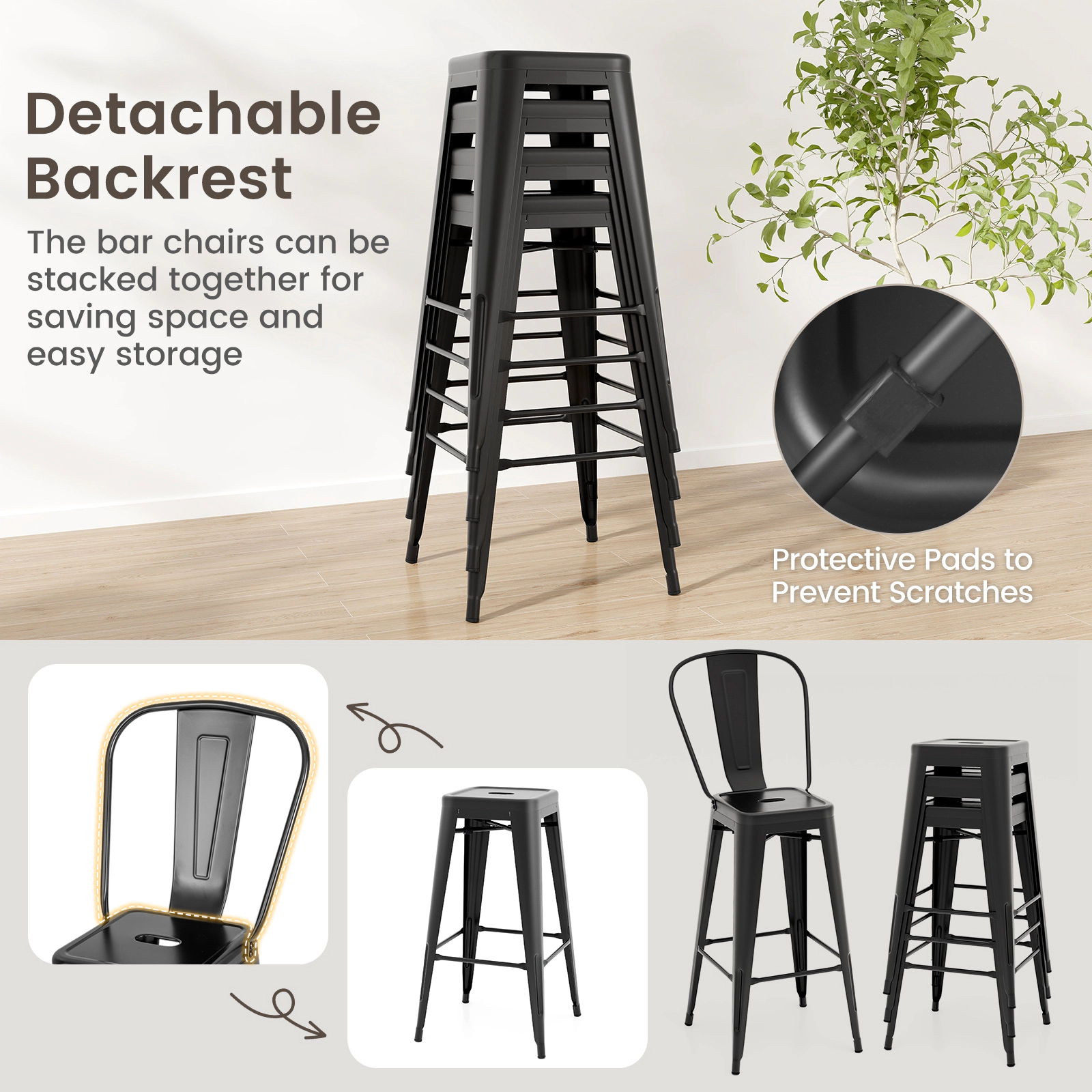 SUGIFT Set of 4 Black 30 in Bar-Height Metal Bar Stools with Removable Backrests