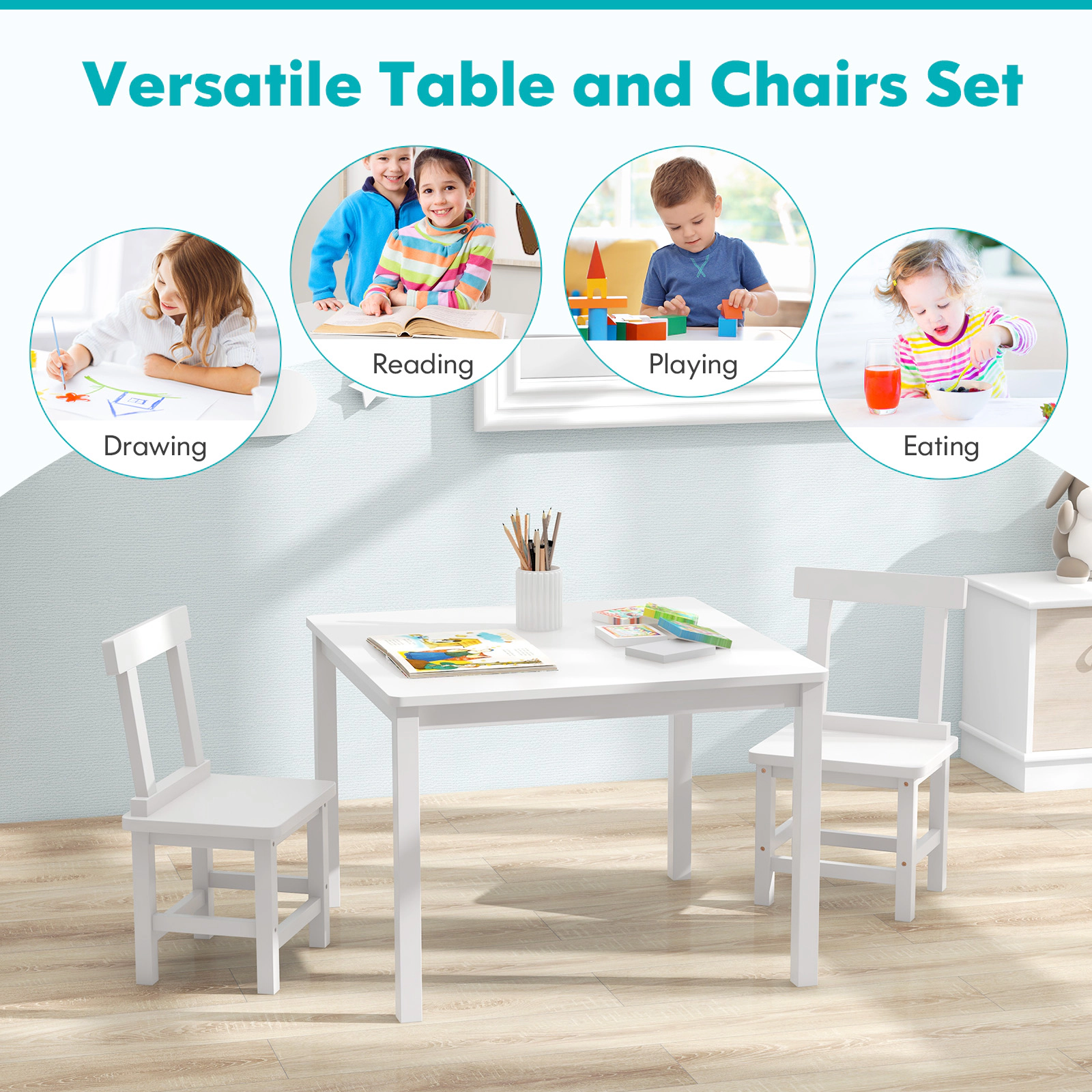 SUGIFT White Anti-Slip Foot Pads and Solid Wood Frame Kids Wooden Table and 2 Chairs Set