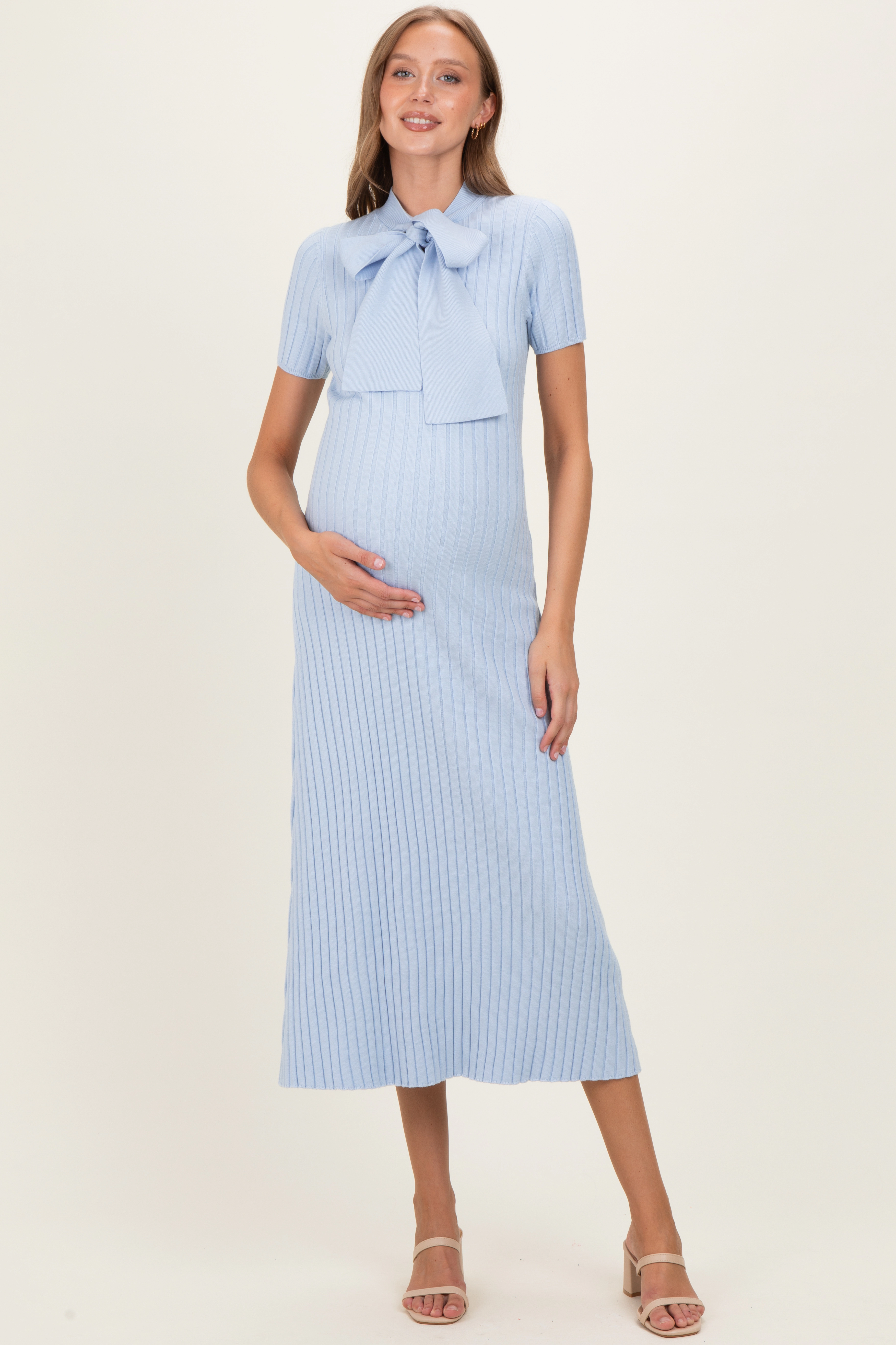 PinkBlush Womens Sky Blue Ribbed Knit Tie Neck Maternity Midi Dress