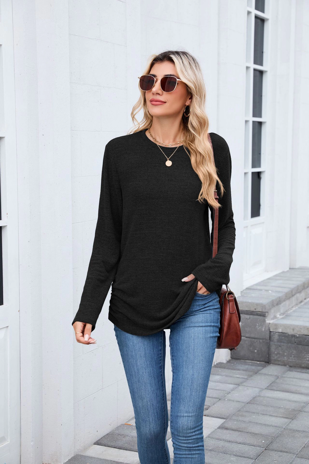 Enchanted Funland Women's Casual Long Sleeve Crewneck Solid Color Outfits Blouses