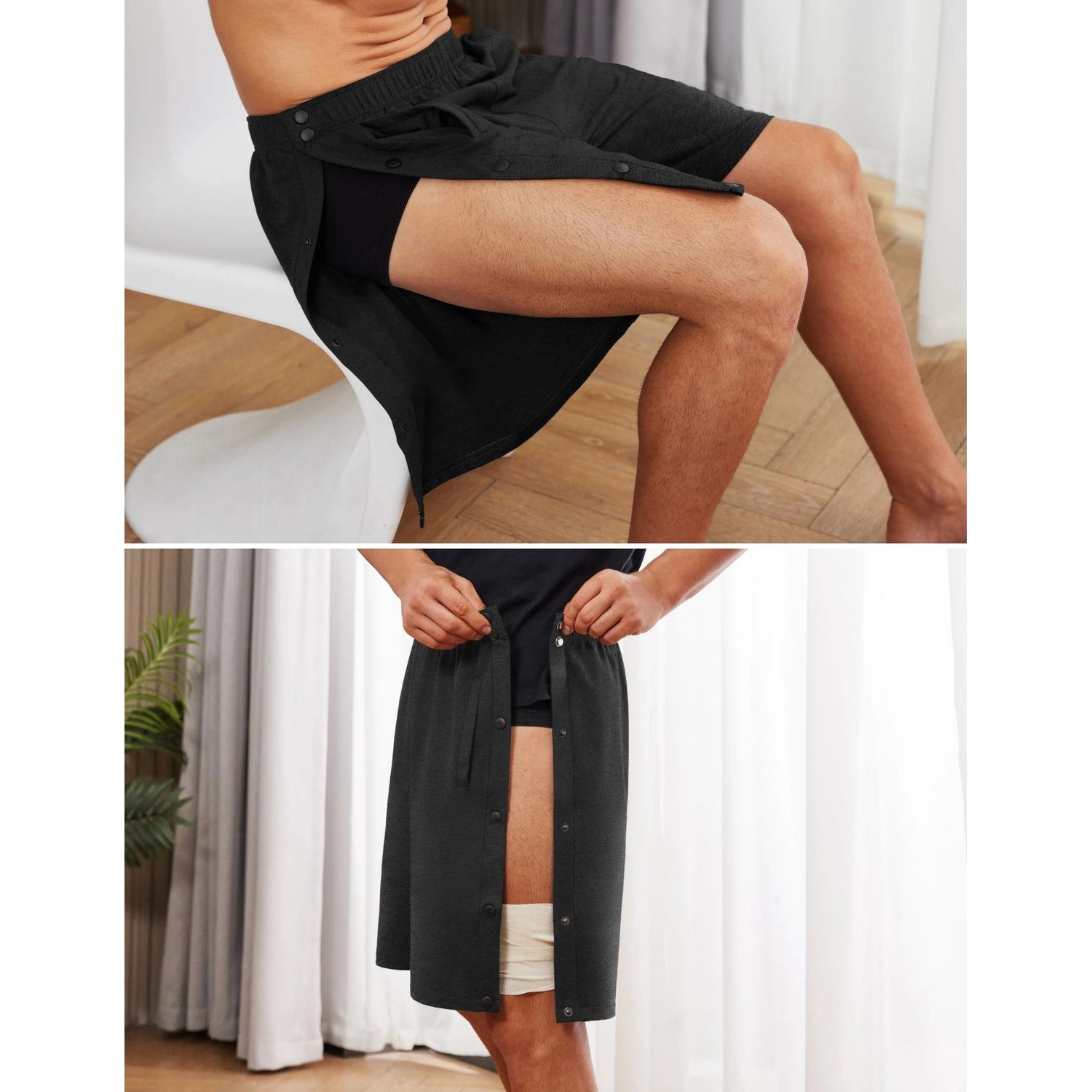 Pinspark Mens Adaptive Side Snap Shorts Elastic Waist Soft Knit Loose Lounge