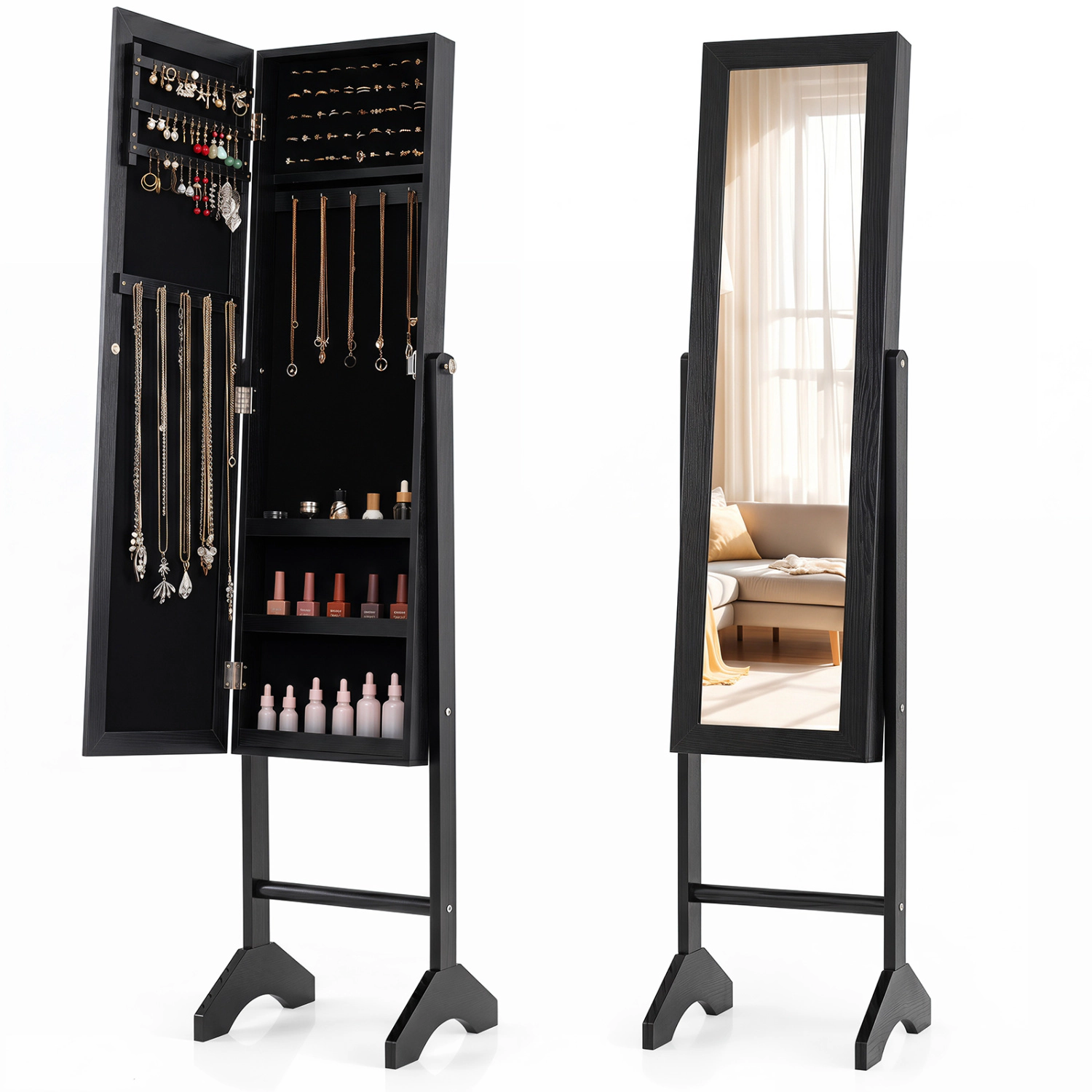 Hivvago Freestanding Jewelry Armoire with Velvet Lining and Full Length Mirror