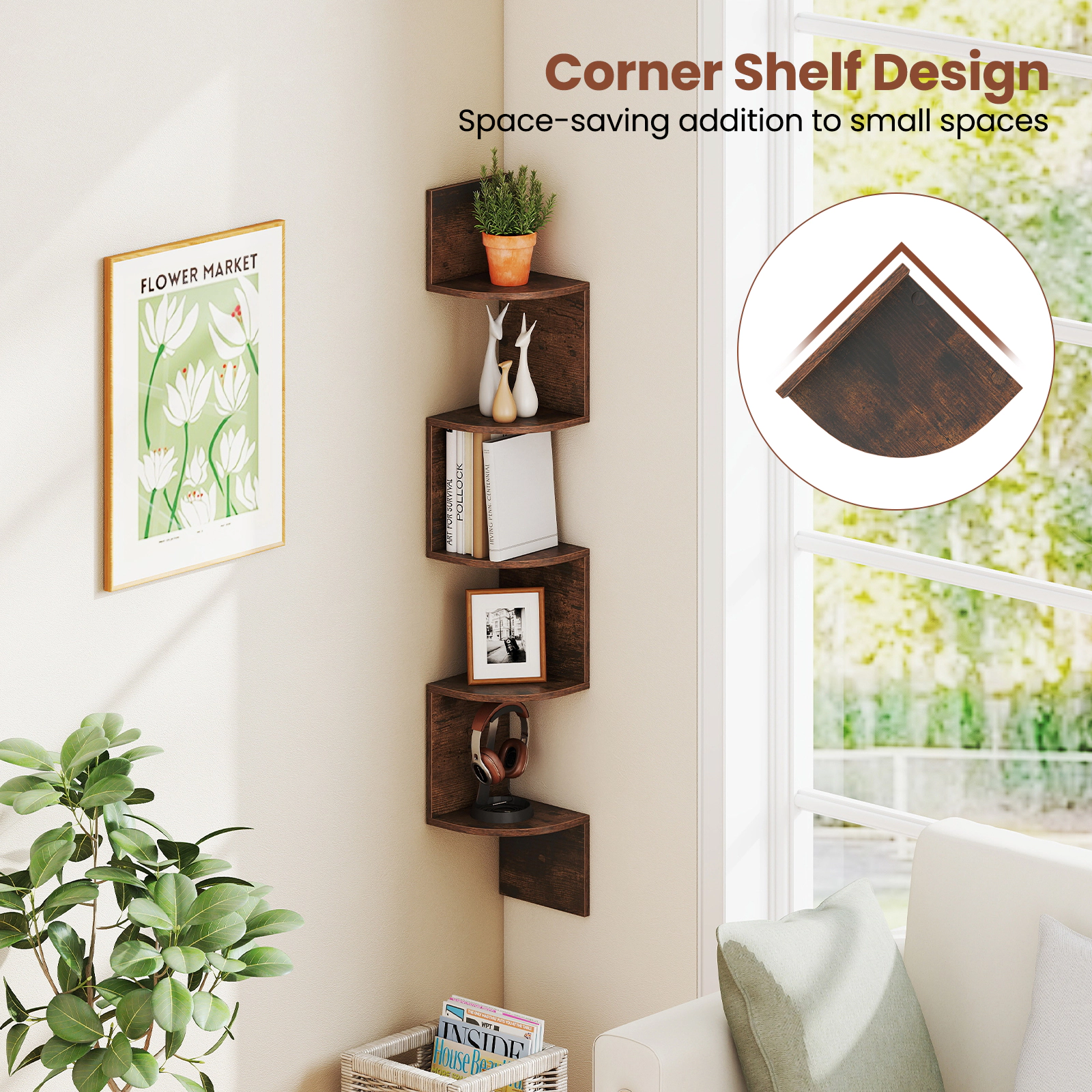 SUGIFT 5-Tier Rustic Brown 50-in Wall Mounted Floating Corner Bookshelf with 6 Mounting Kits and Edge Guards