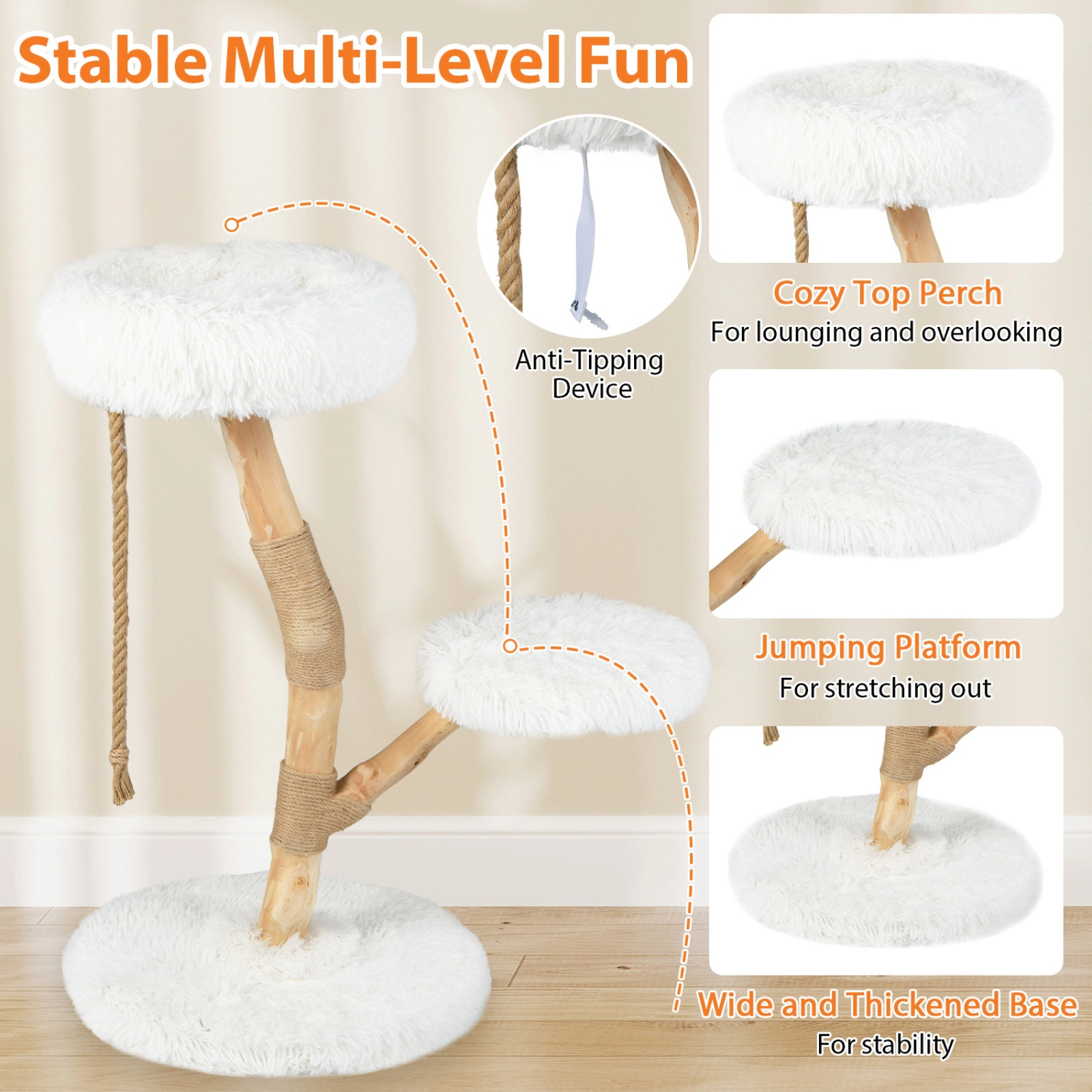 SUGIFT 35.5-in Tall Modern Wooden Cat Tree with 16-in Top Perch Jute Scratching Posts and Anti-Tip Device
