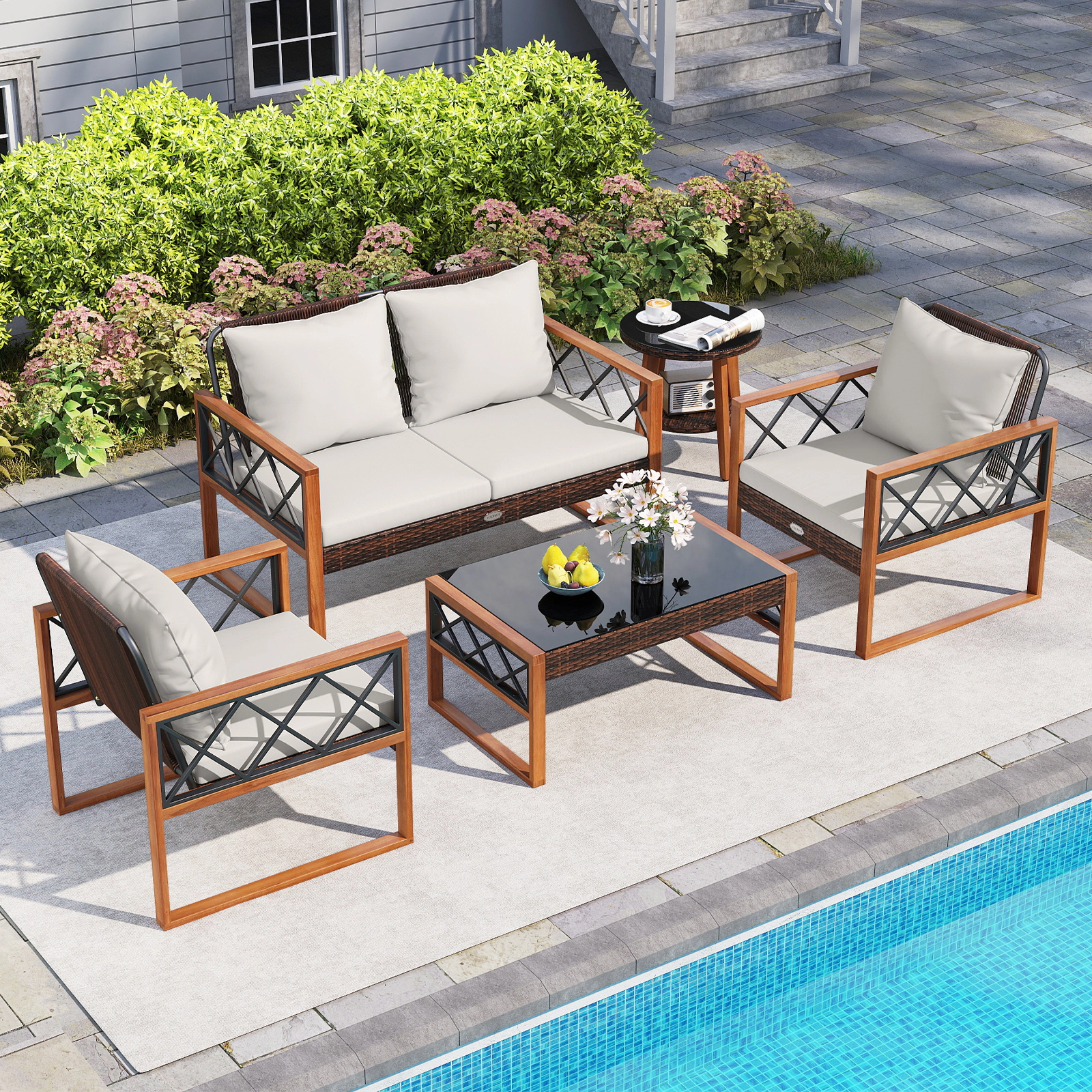 LJG 5 Pieces PE Wicker Patio Furniture Set with Acacia Wood Frame