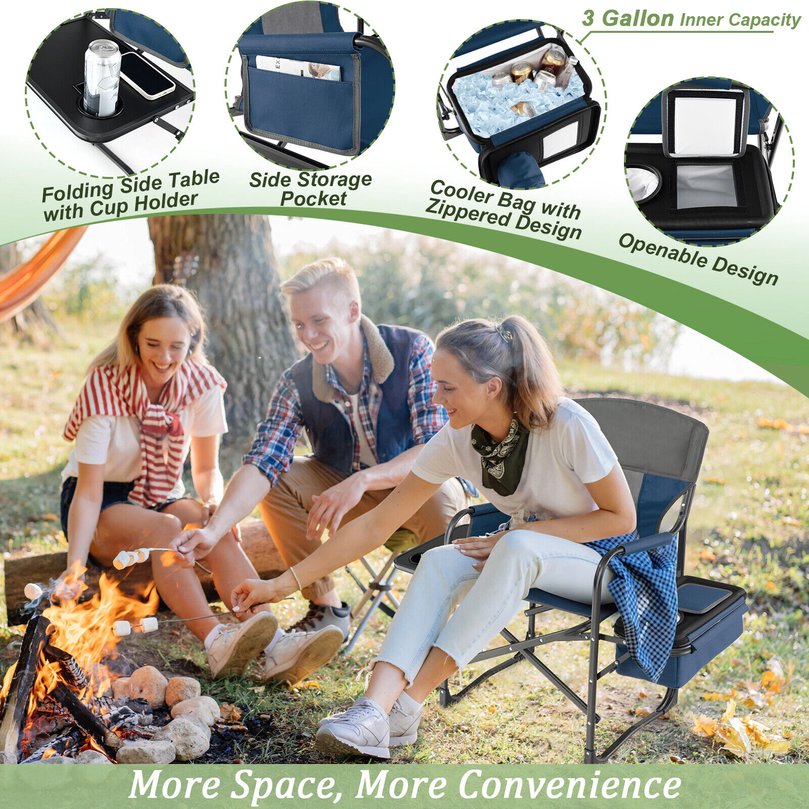 SUGIFT 400-lb Capacity Folding Directors Camping Chair with Side Table Cooler Bag and Storage Bag
