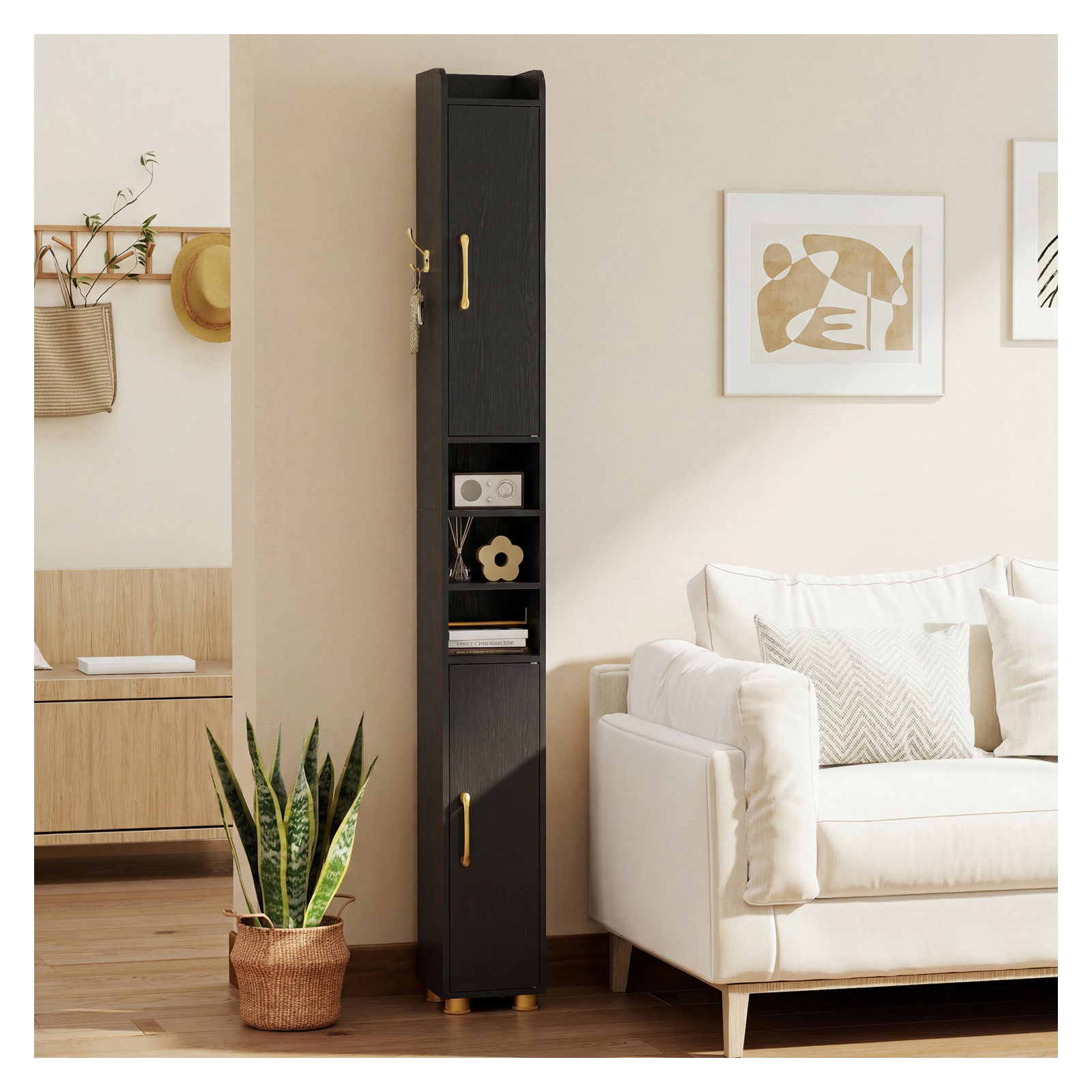 Glintex 69-Inch Narrow Bathroom Tower with Paper Holder Hook and Golden Handles