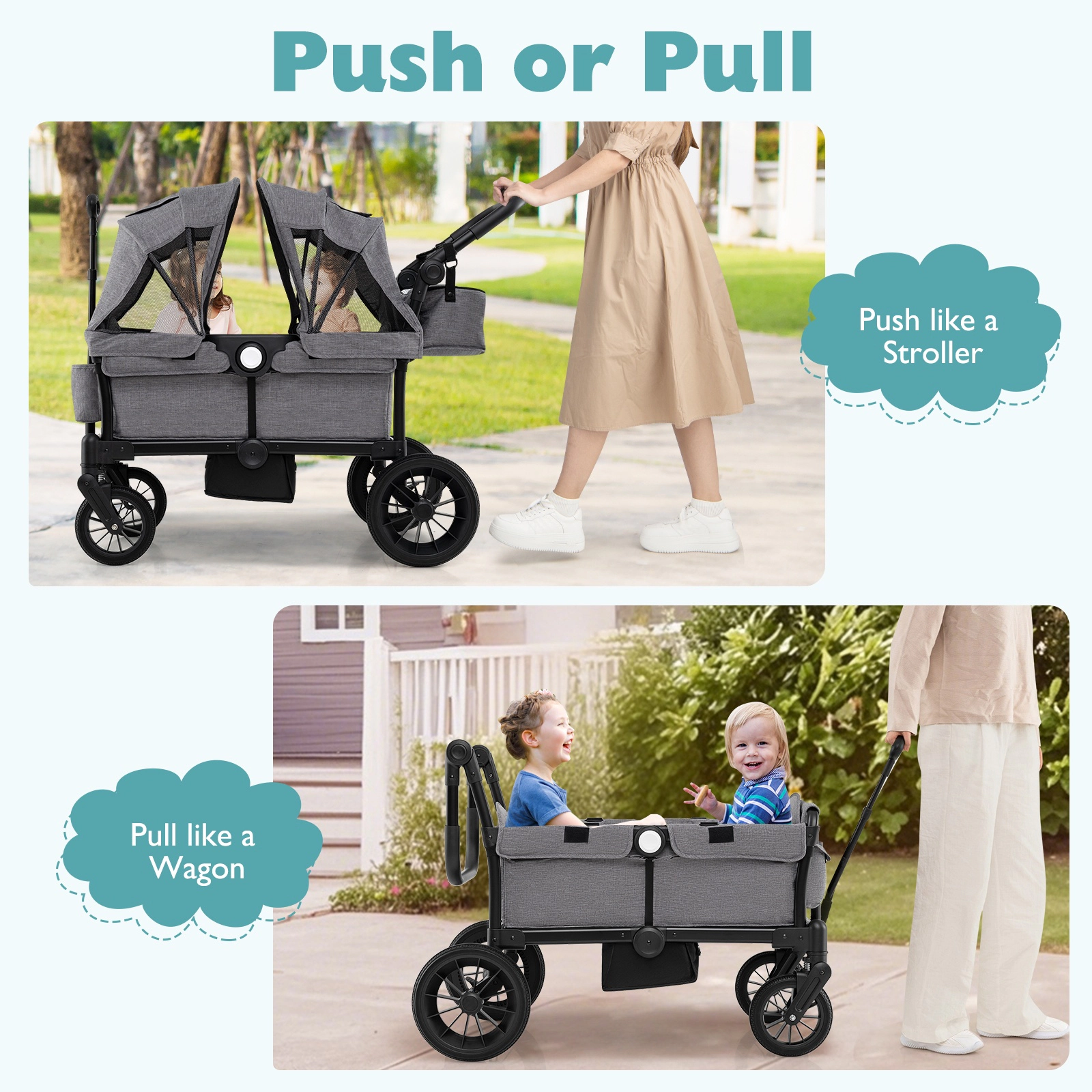 SUGIFT Gray 55-lb Per Seat 2-Seater Collapsible Push Pull Kids Wagon Stroller with Adjustable Handlebars
