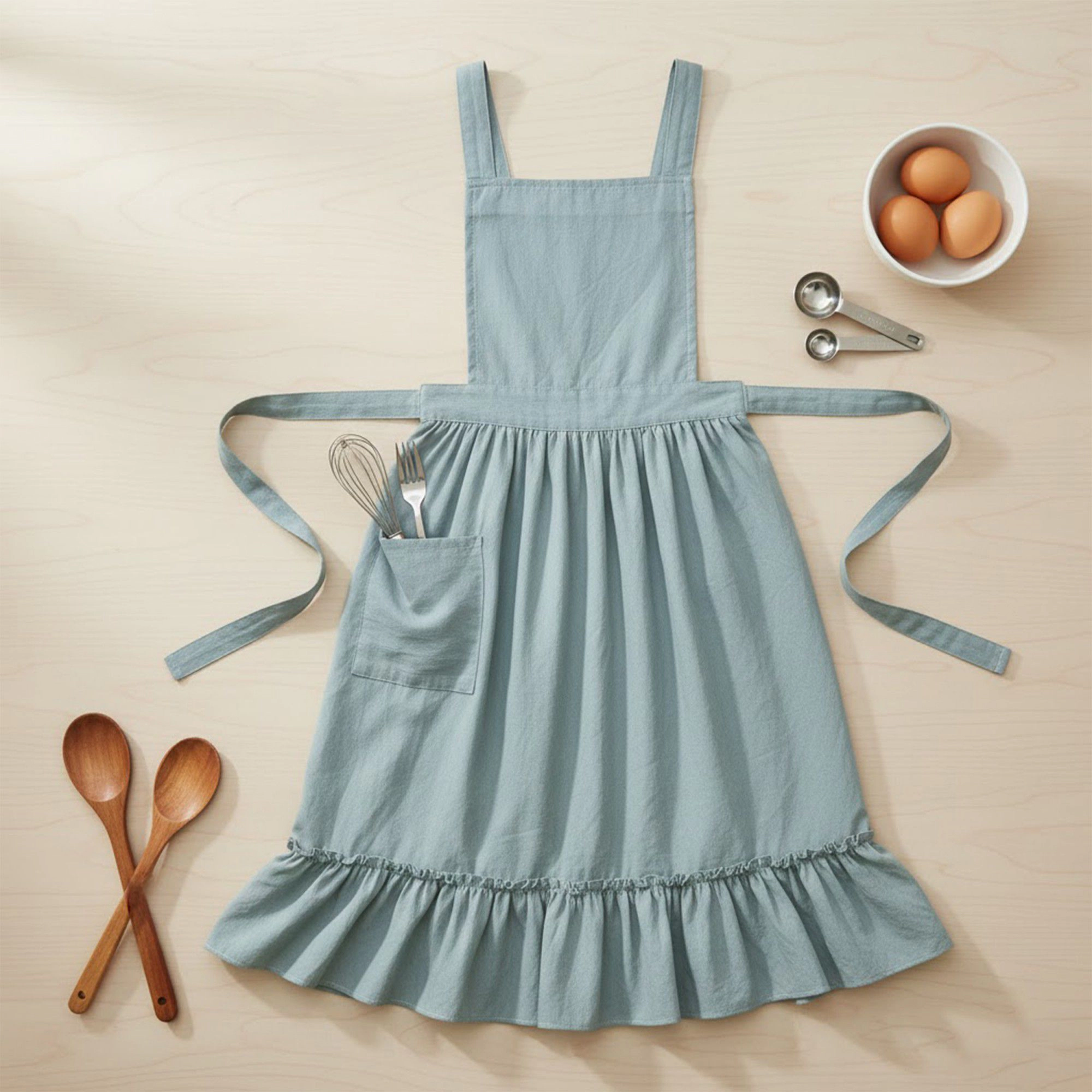 Alilang Women Adjustable Strap Ruffle Hem Apron with Front Pocket and Soft Fabric Design