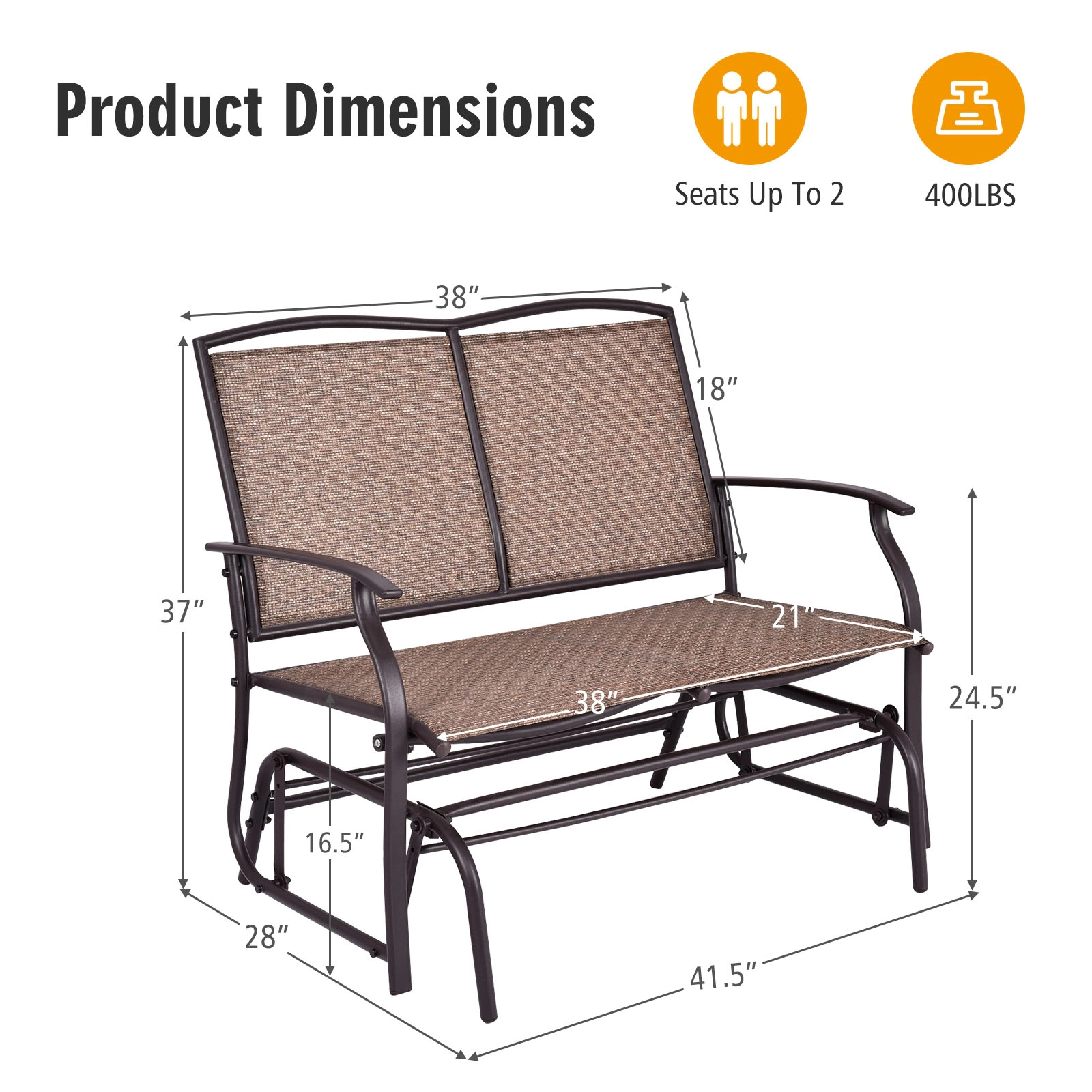 SUGIFT Steel Patio Rocking Loveseat with Textilene Seat 396-lb Capacity Black/Brown/Gray