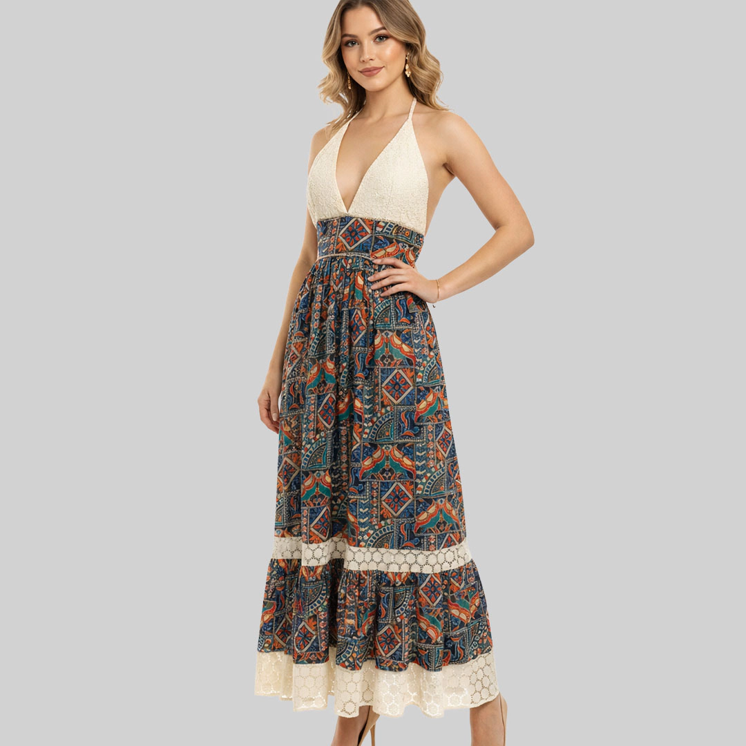 Artyska Women’s Halter Neck Printed Lace Bodice & Tiered Hem Maxi Dress